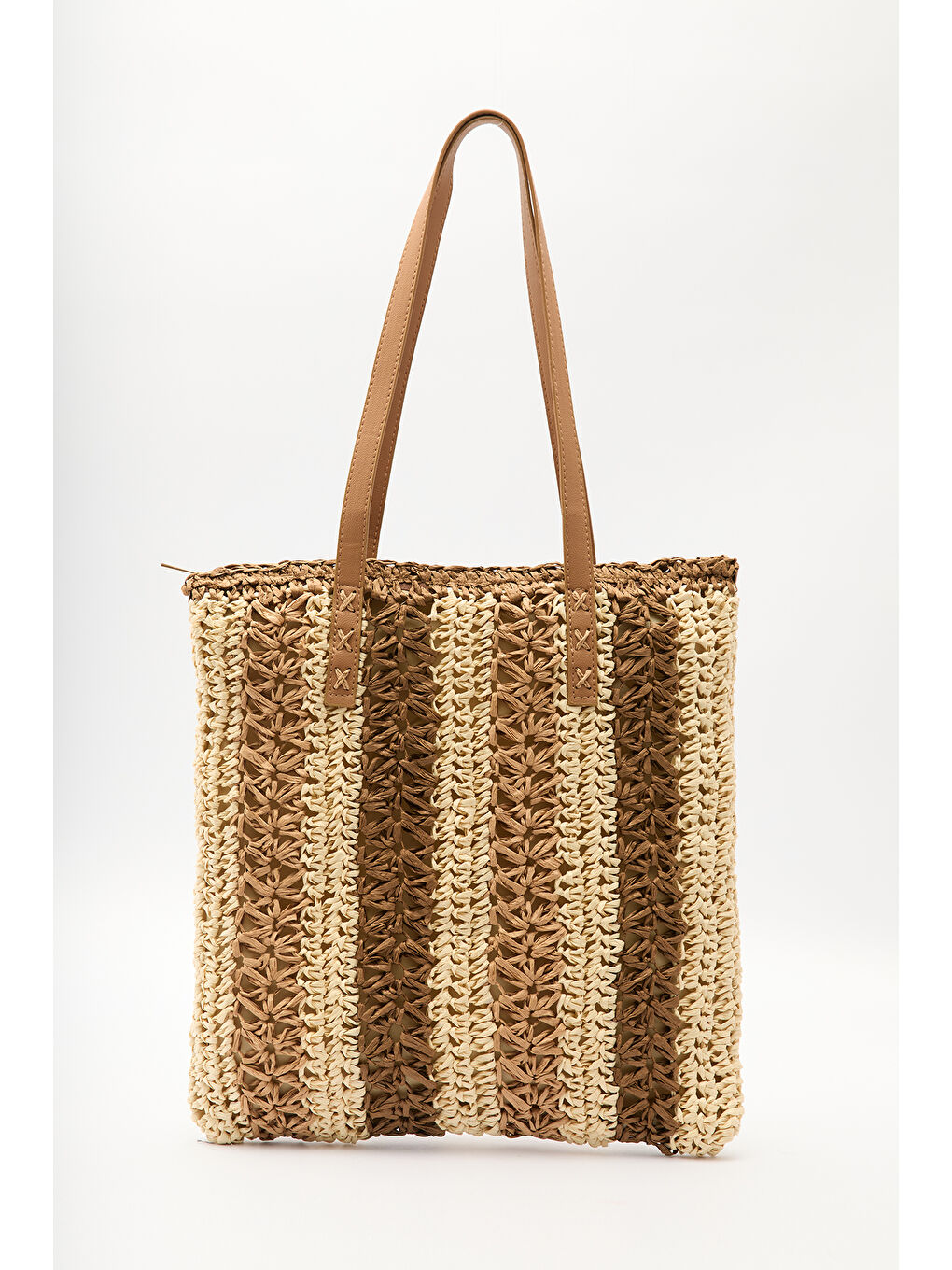 Çizgi Desenli Hasır Çanta Bej-3