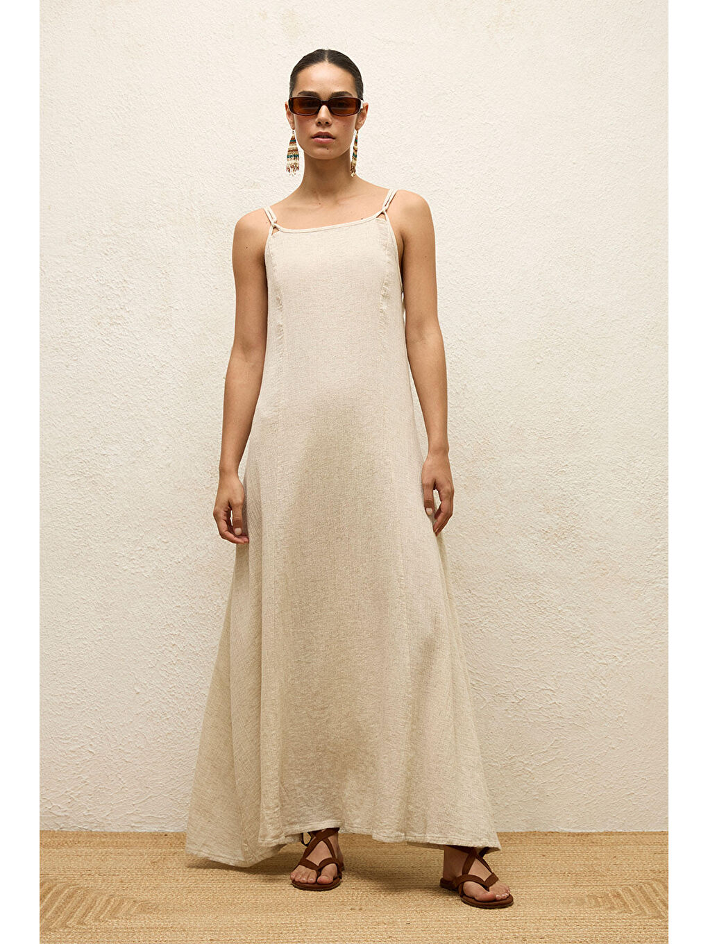 Bej Askılı Pamuklu Elbise Natural-1