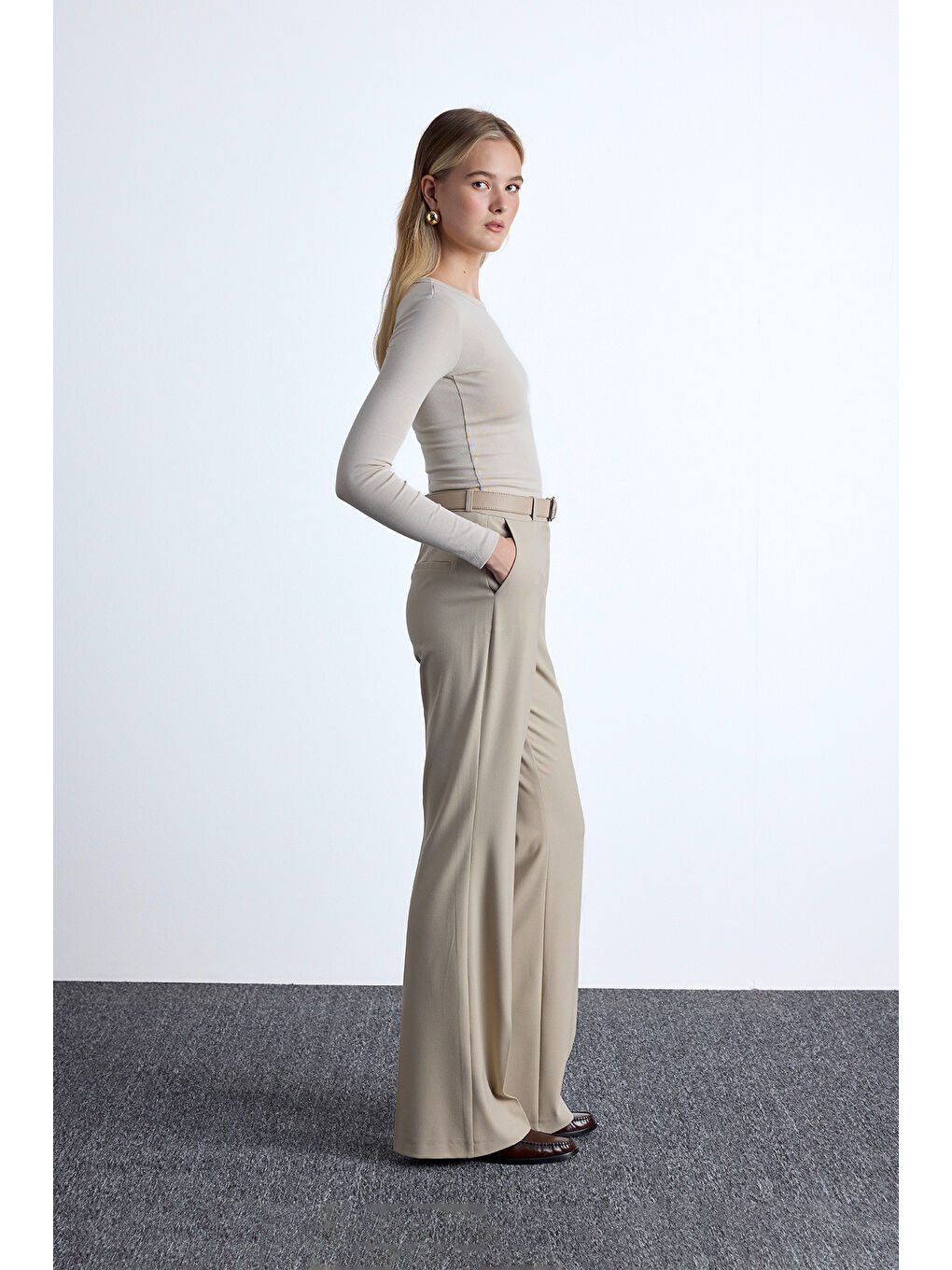 Flare Paça Klasik Pantolon Bej-2