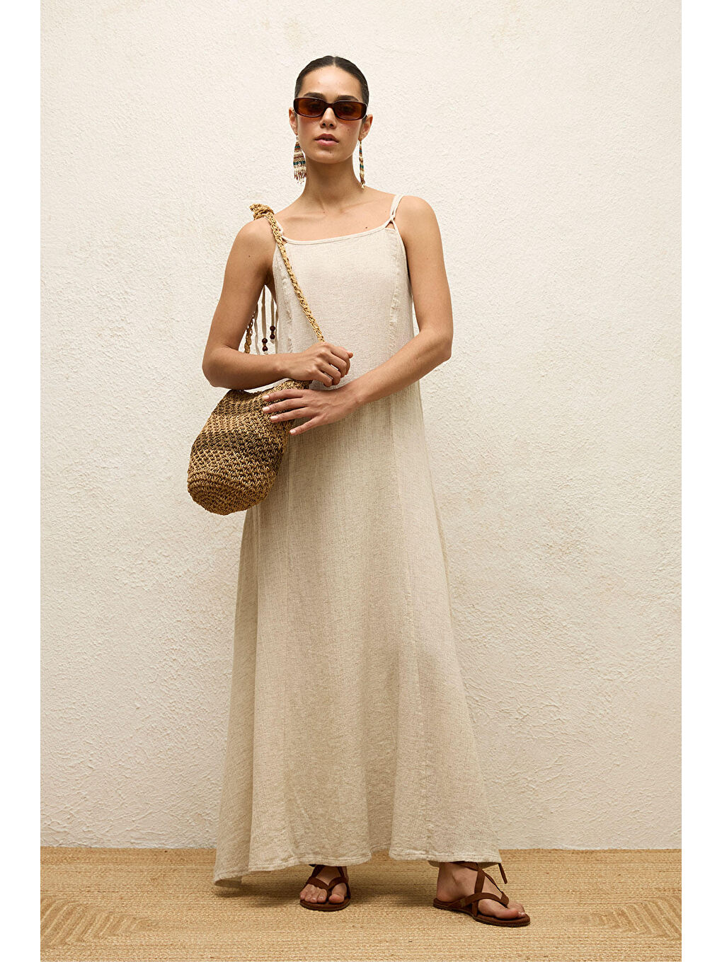 Bej Askılı Pamuklu Elbise Natural-2