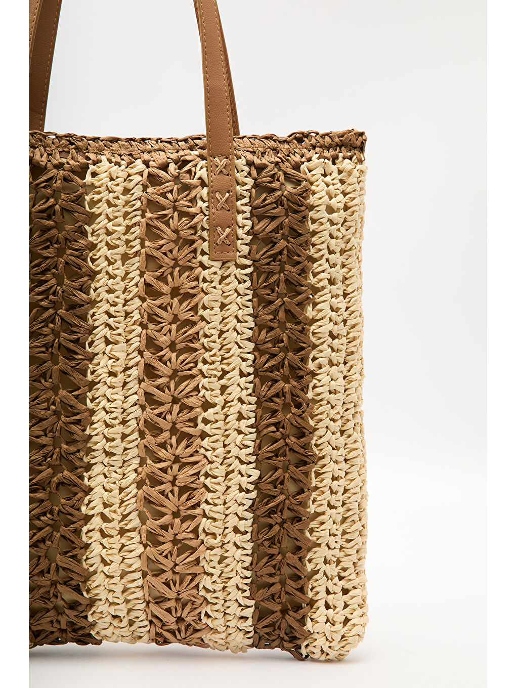 Çizgi Desenli Hasır Çanta Bej-4