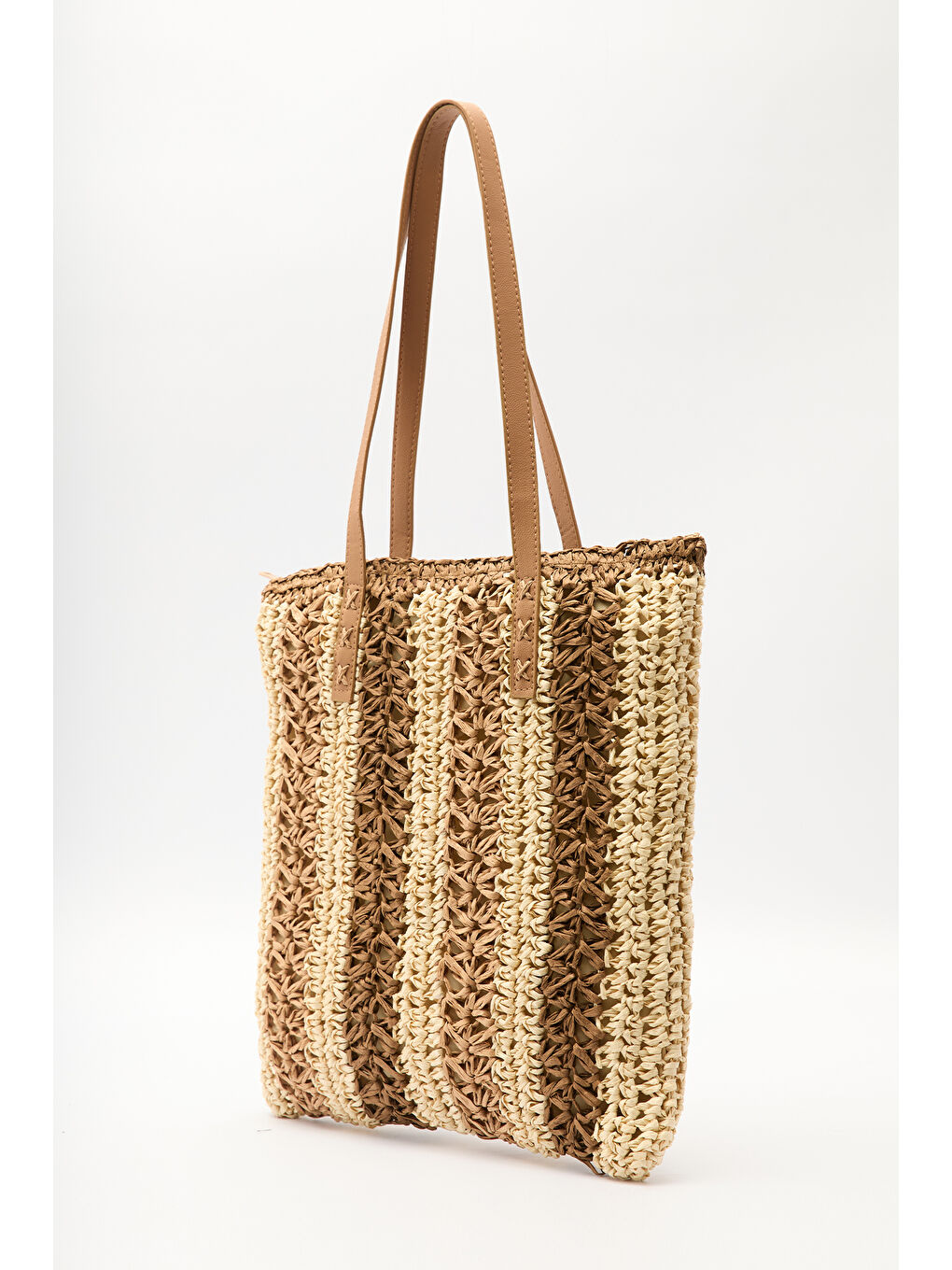 Çizgi Desenli Hasır Çanta Bej-5