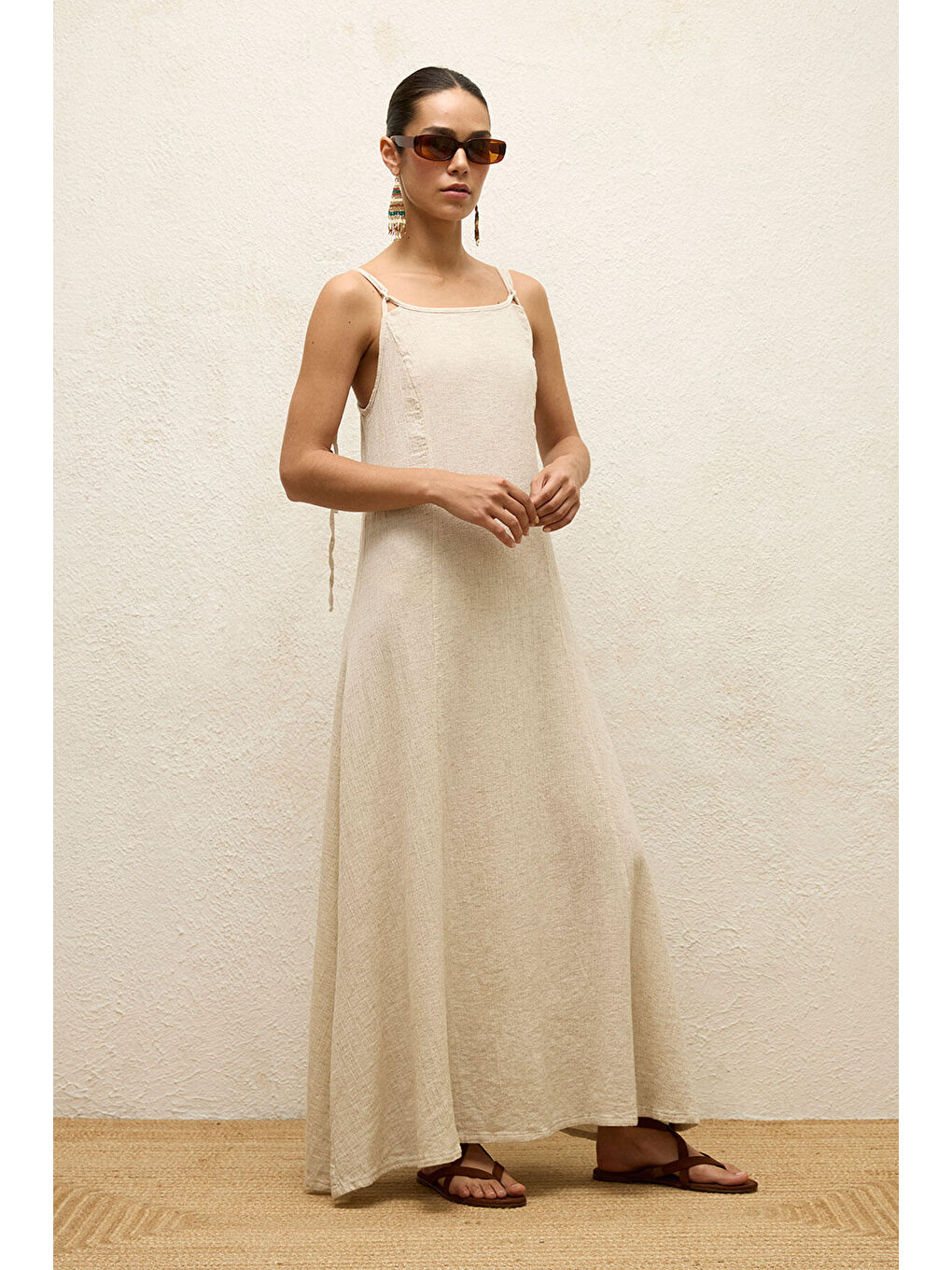 Bej Askılı Pamuklu Elbise Natural-6