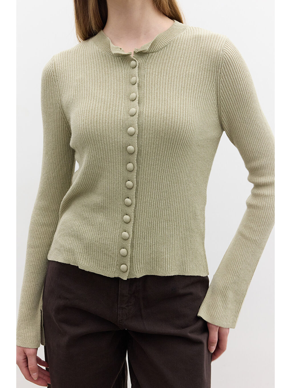 Küçük Düğmeli Triko Hırka Çağla Yeşili-1