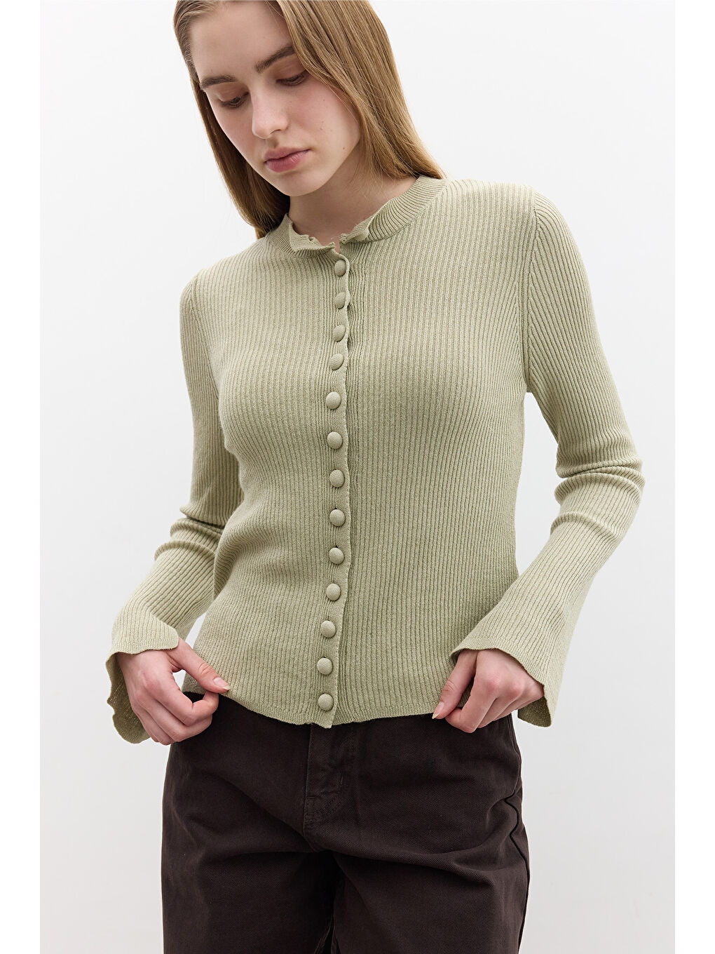 Küçük Düğmeli Triko Hırka Çağla Yeşili-2