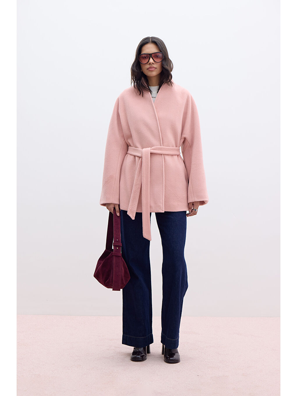 Pembe Kimono Tarzı Kaşe Kaban Pudra