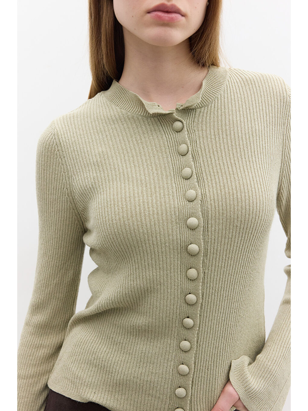 Küçük Düğmeli Triko Hırka Çağla Yeşili-3