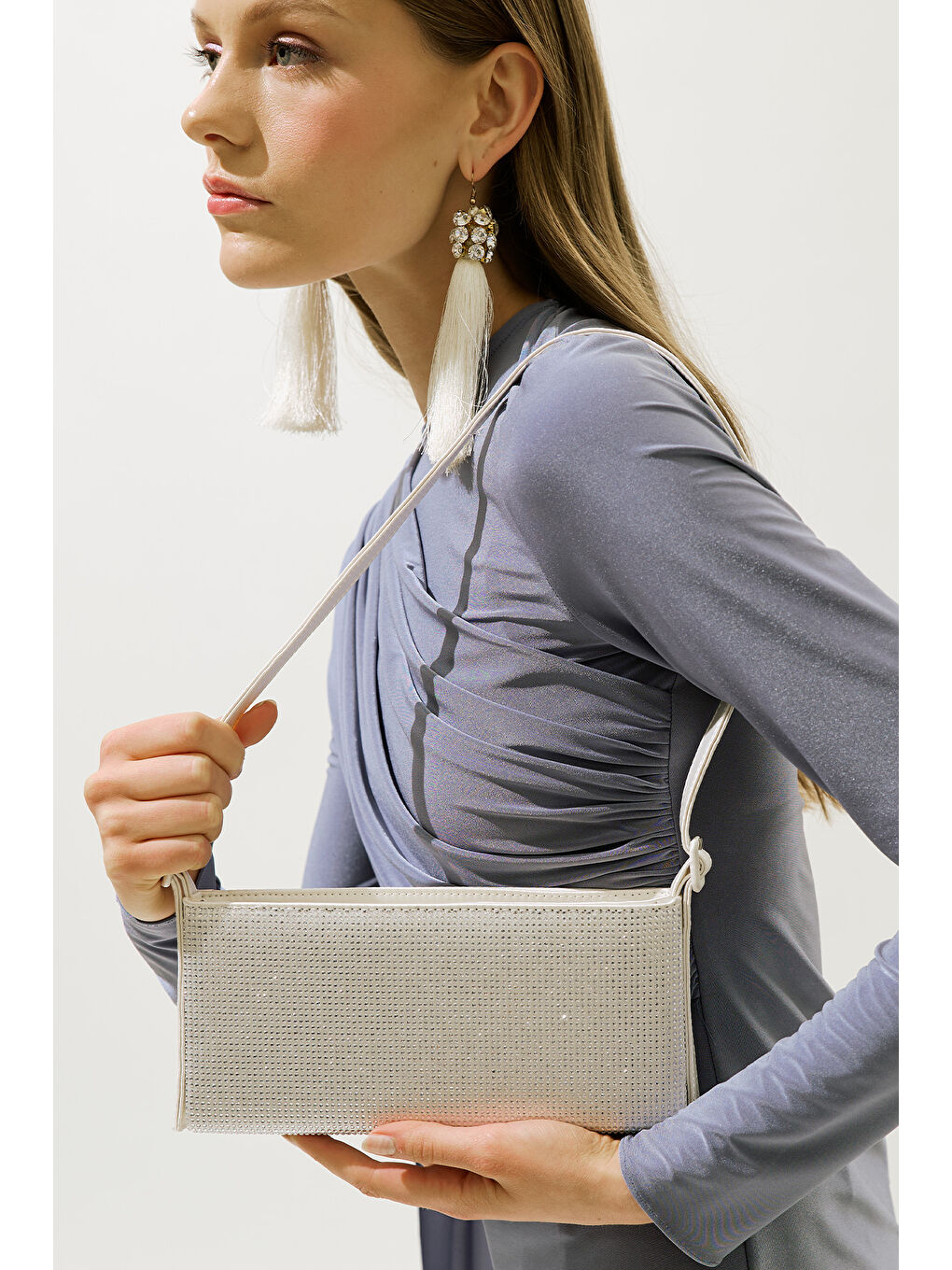 Gri Taşlı Baget Abiye Çanta Gümüş-1