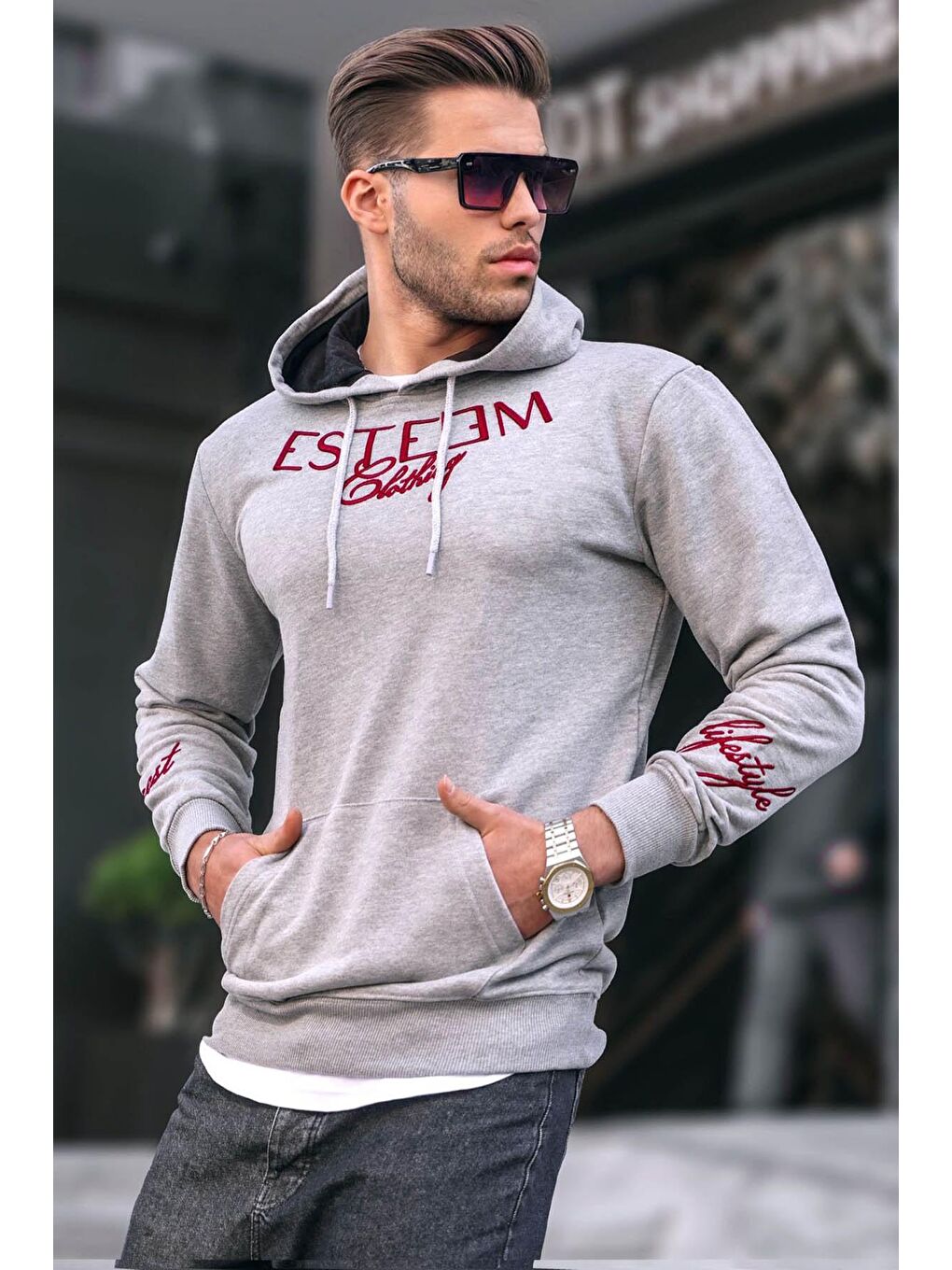 Madmext Gri Baskılı Gri kapüşonlu Sweatshirt 4402