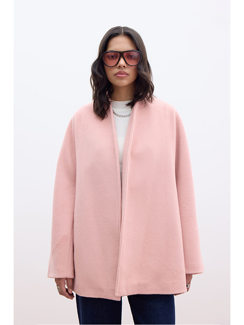 Pembe Kimono Tarzı Kaşe Kaban Pudra-4