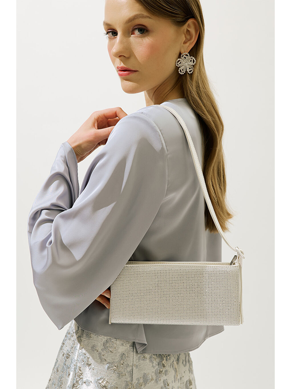 Gri Taşlı Baget Abiye Çanta Gümüş-4