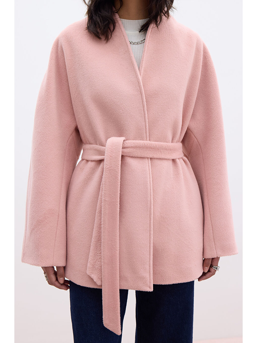 Pembe Kimono Tarzı Kaşe Kaban Pudra-5