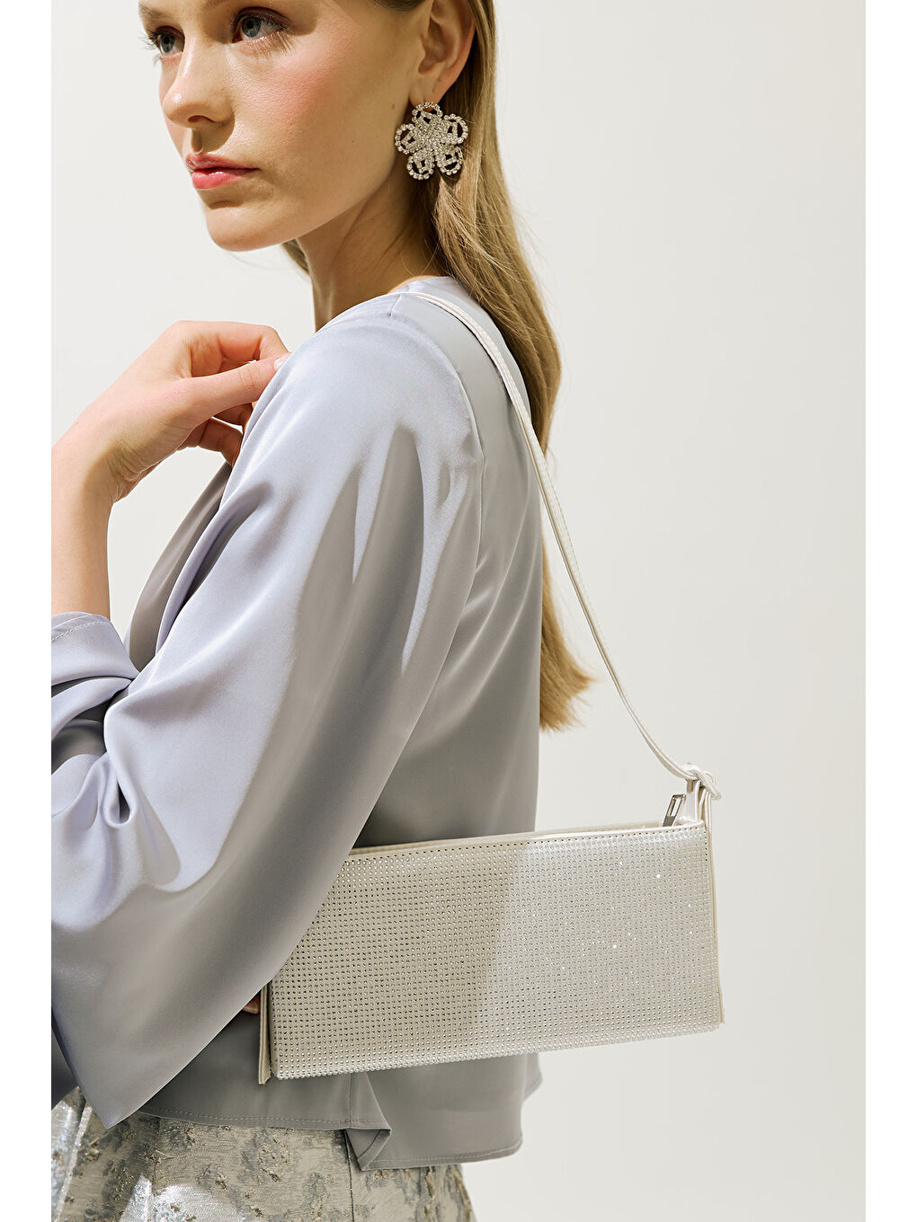 Gri Taşlı Baget Abiye Çanta Gümüş-5