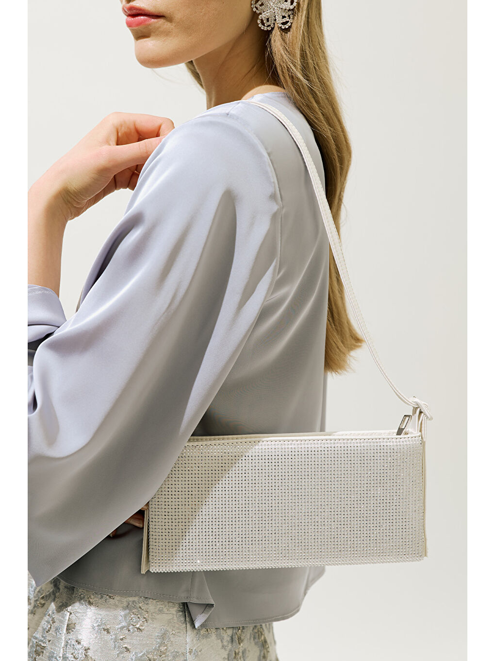 Gri Taşlı Baget Abiye Çanta Gümüş-6