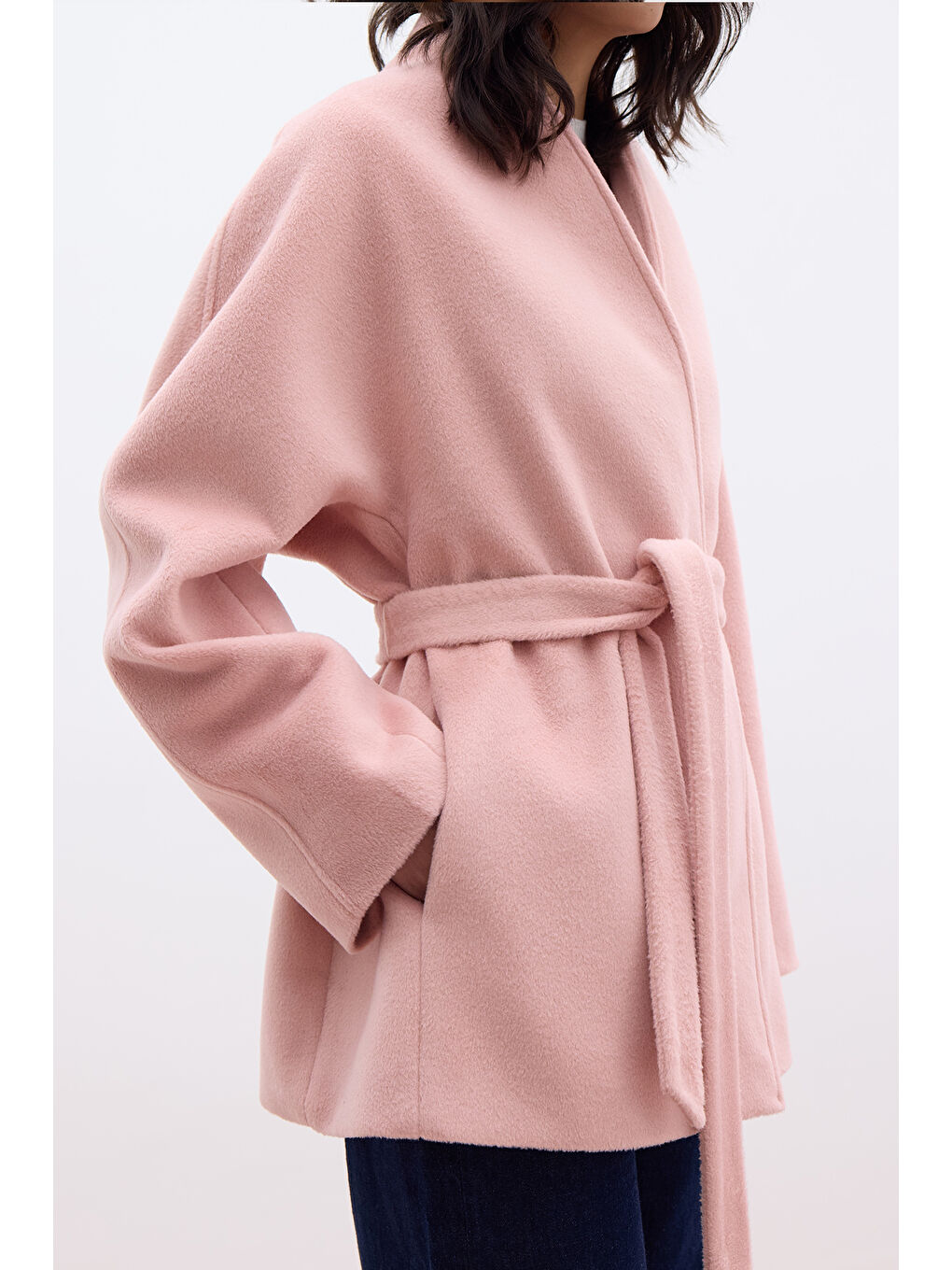 Pembe Kimono Tarzı Kaşe Kaban Pudra-6