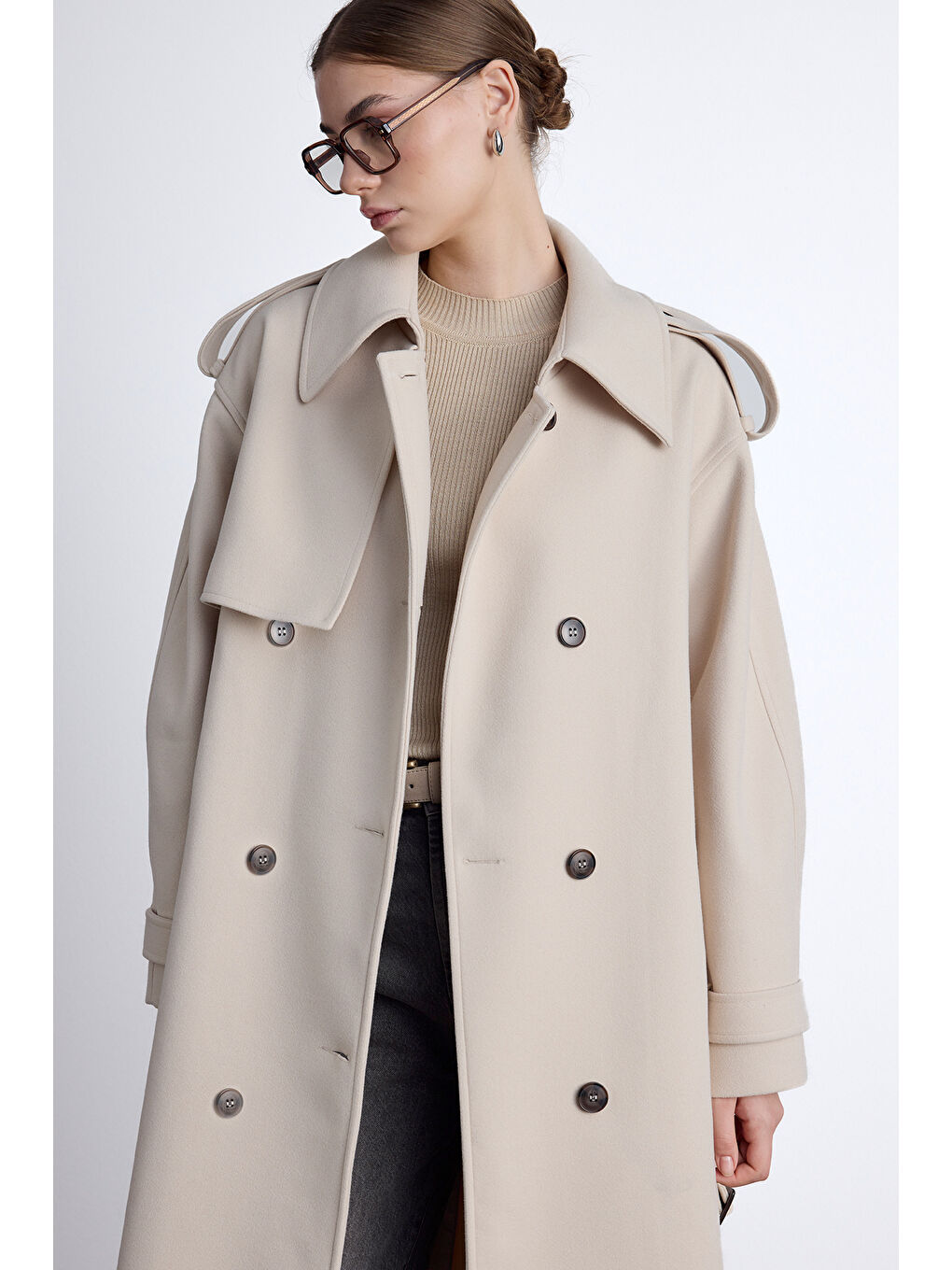 Apolet Detaylı Kaşe Kaban Bej-3