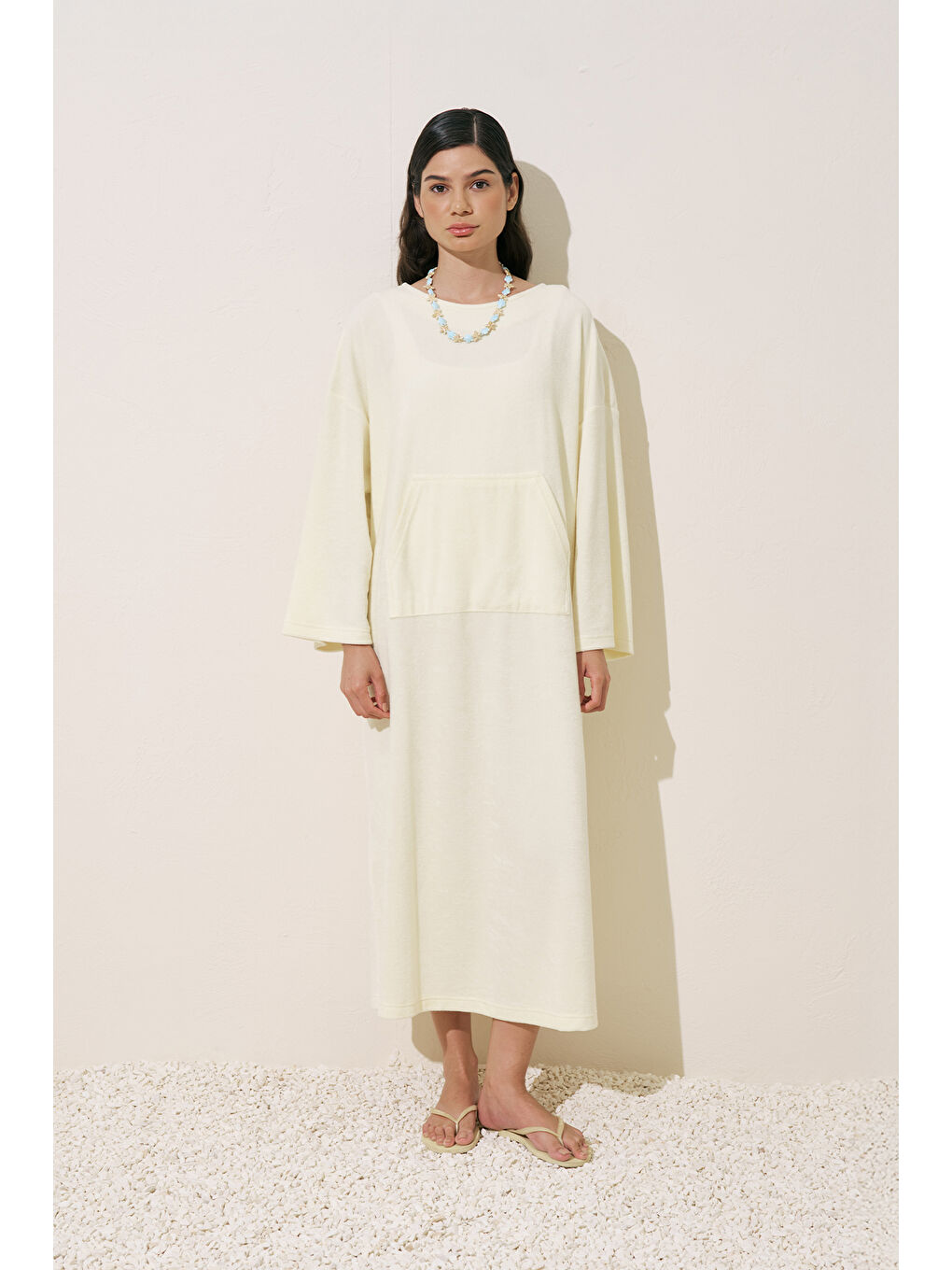 Bej Havlu Kumaş Rahat Elbise Vanilya-1