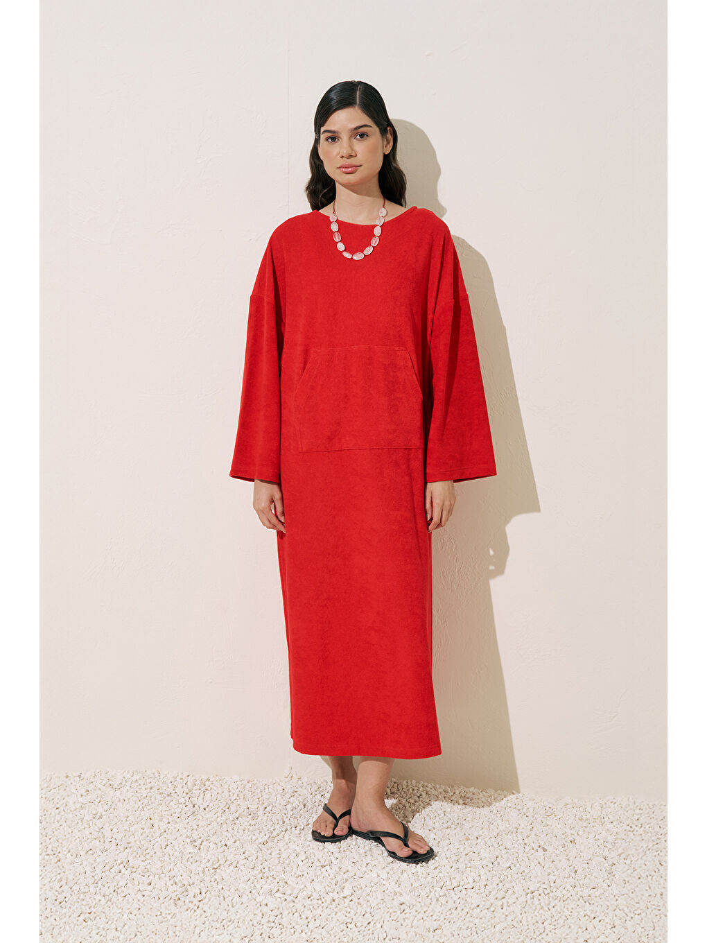 Havlu Kumaş Rahat Elbise Kırmızı-1