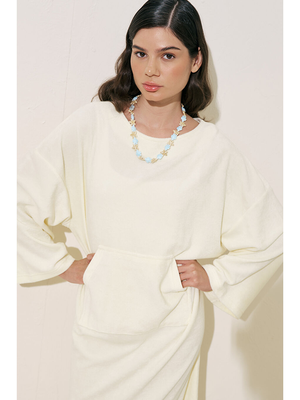 Bej Havlu Kumaş Rahat Elbise Vanilya-2