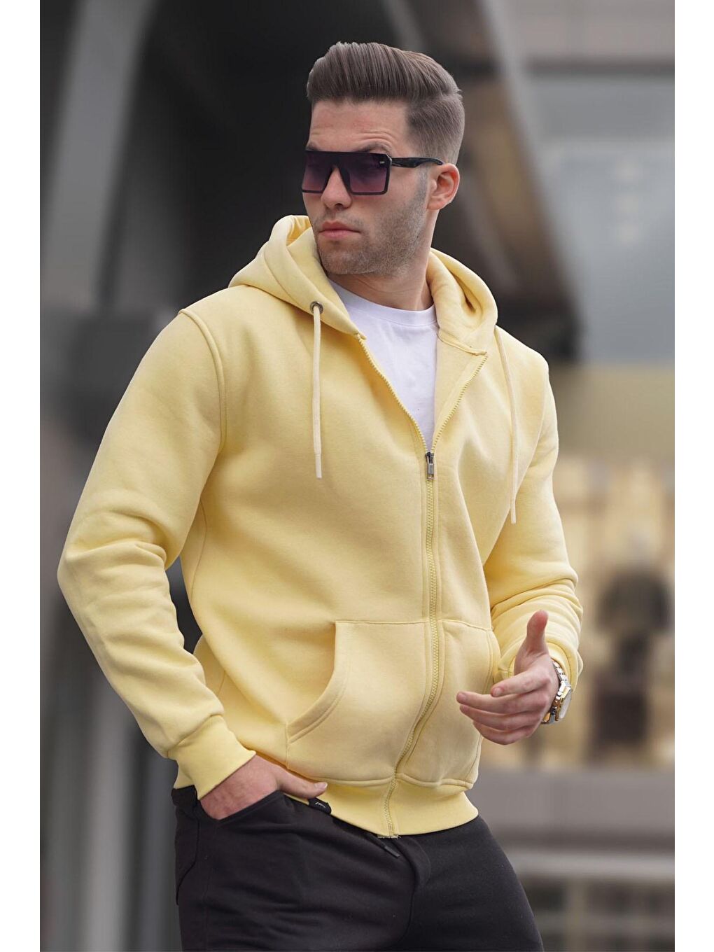 Sarı Kapüşonlu Regular Fit  Erkek Fermuarlı Sweatshirt 6033