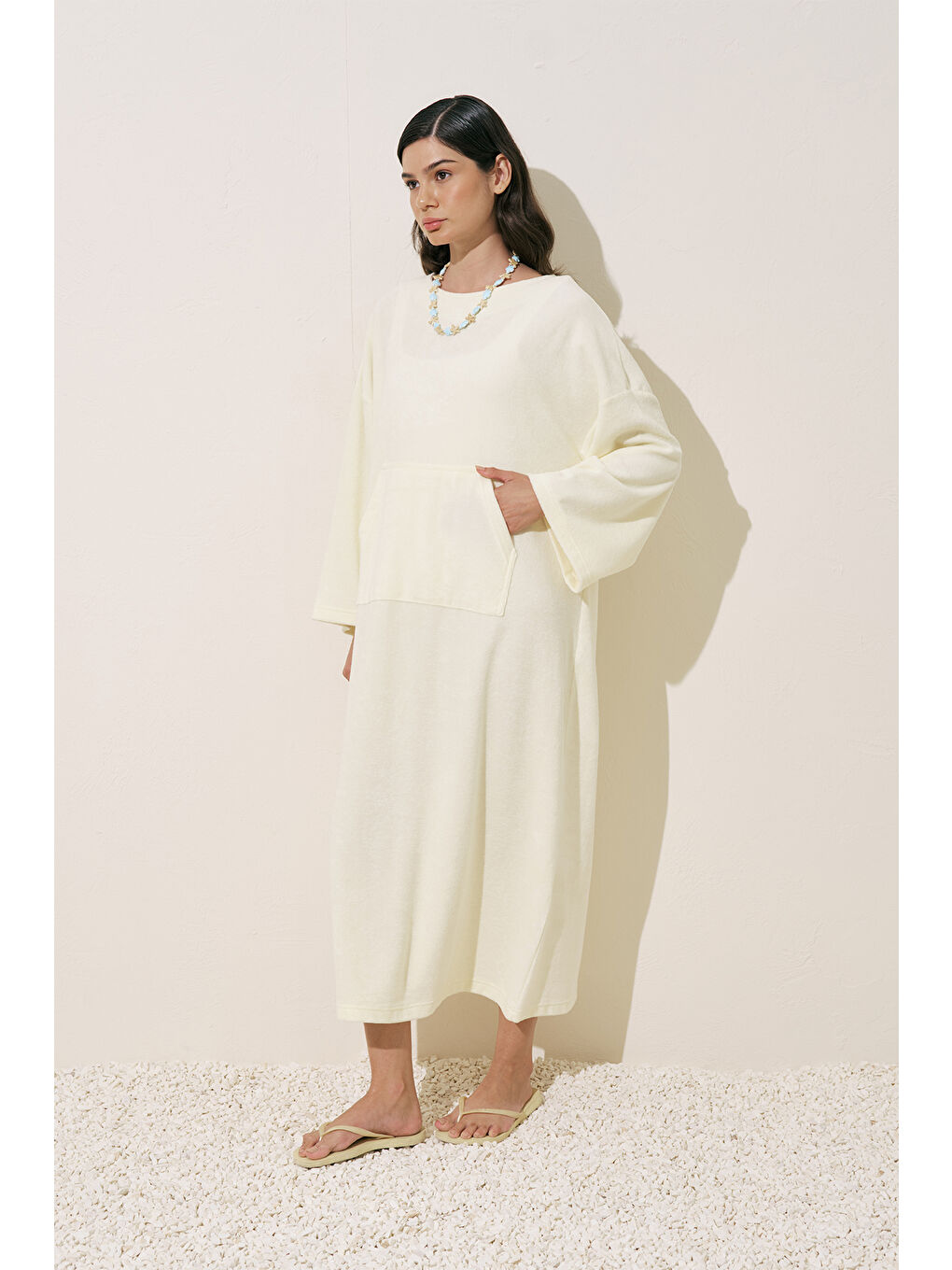 Bej Havlu Kumaş Rahat Elbise Vanilya-3