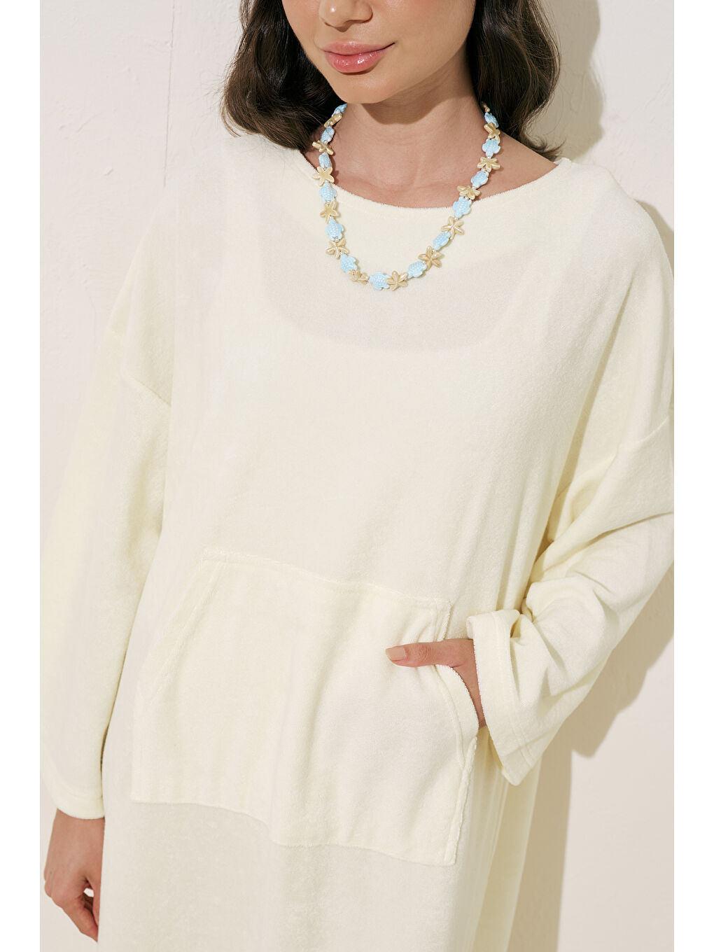 Bej Havlu Kumaş Rahat Elbise Vanilya-4