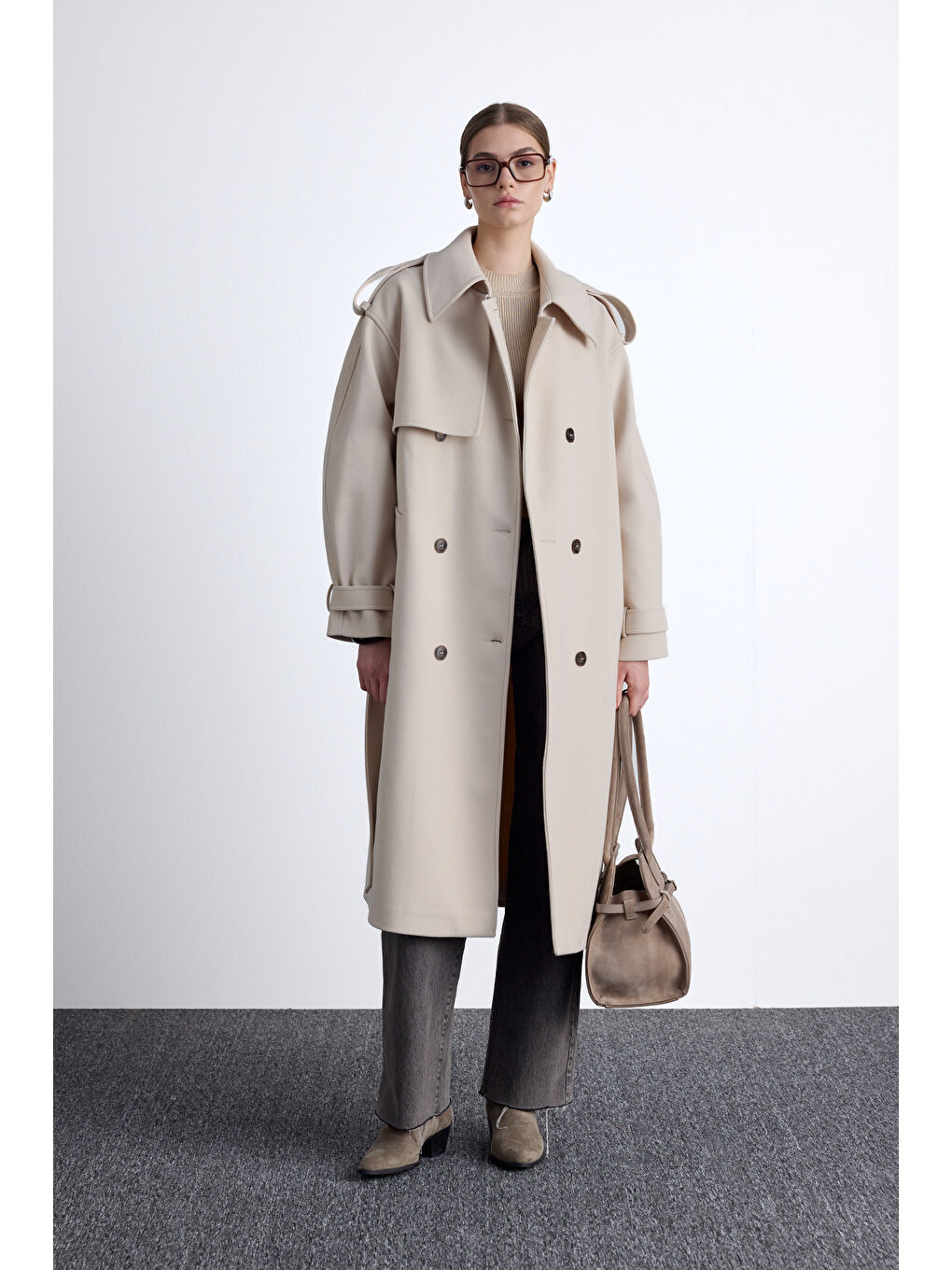 Apolet Detaylı Kaşe Kaban Bej-6