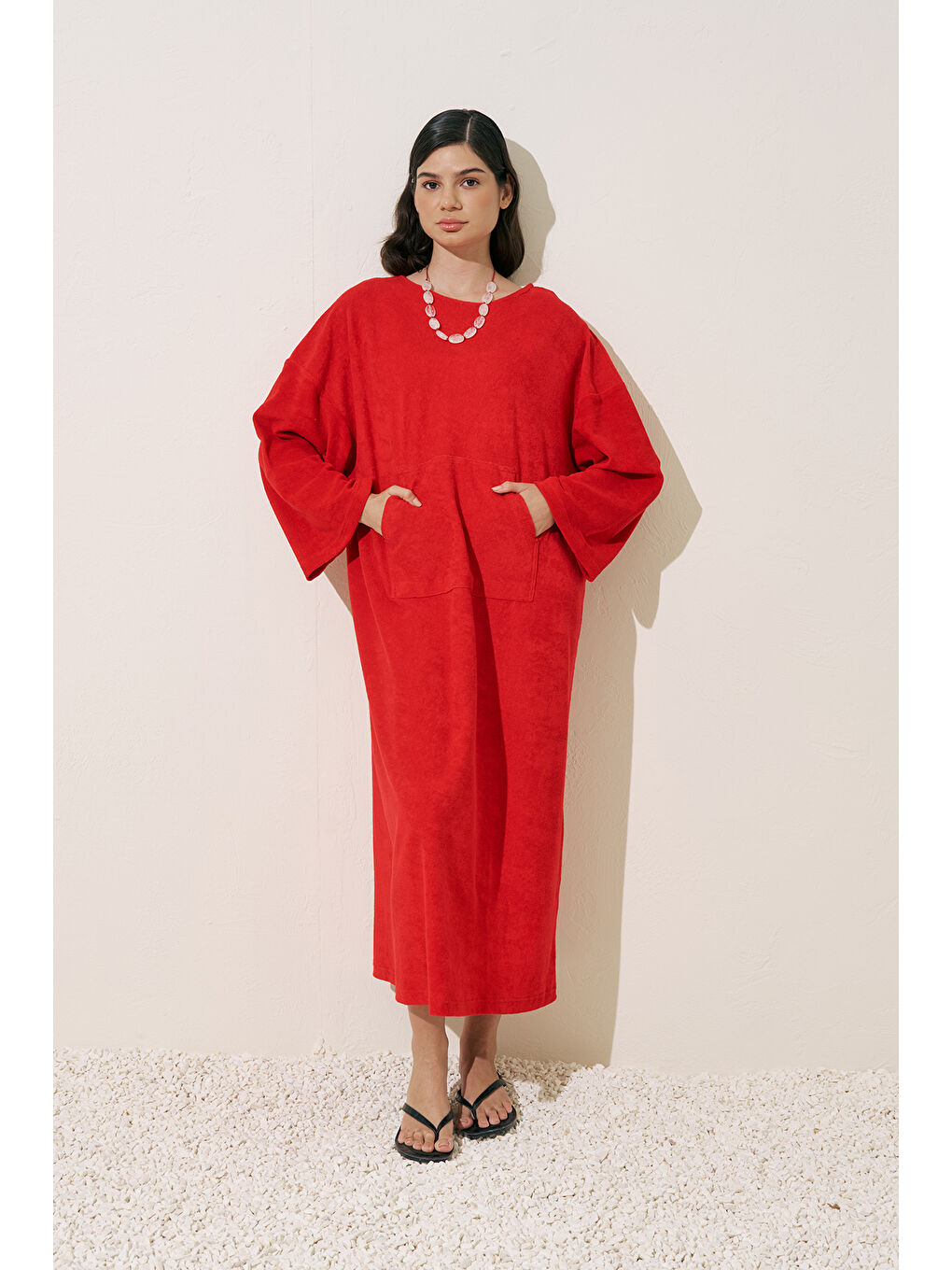 Havlu Kumaş Rahat Elbise Kırmızı-3
