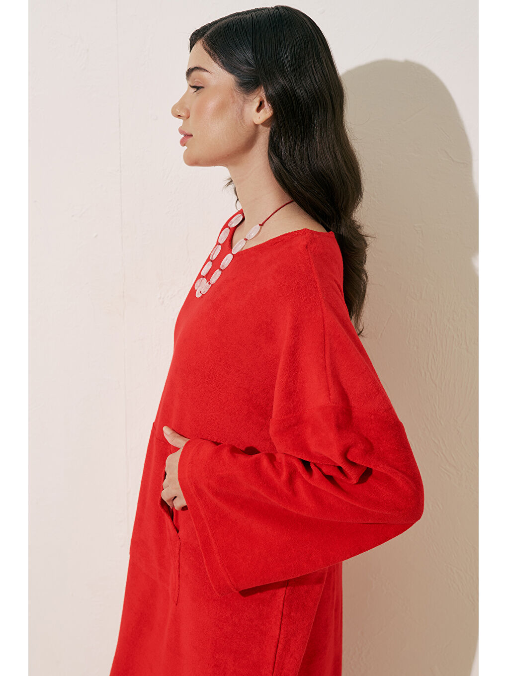 Havlu Kumaş Rahat Elbise Kırmızı-4