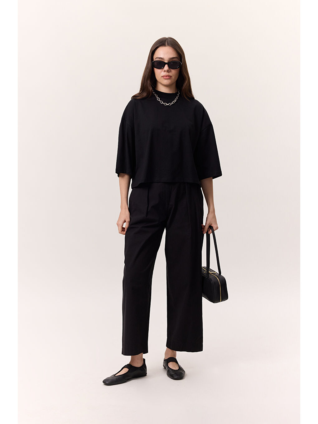 Pileli Gabardin Pantolon Siyah-1