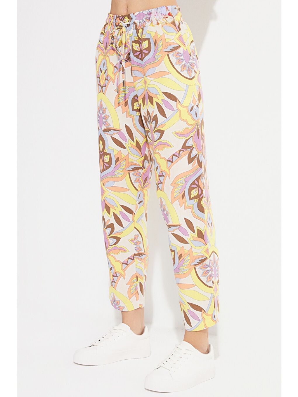 Sarı Exclusive Çiçek Desenli Keten Karışımlı Pantolon-3
