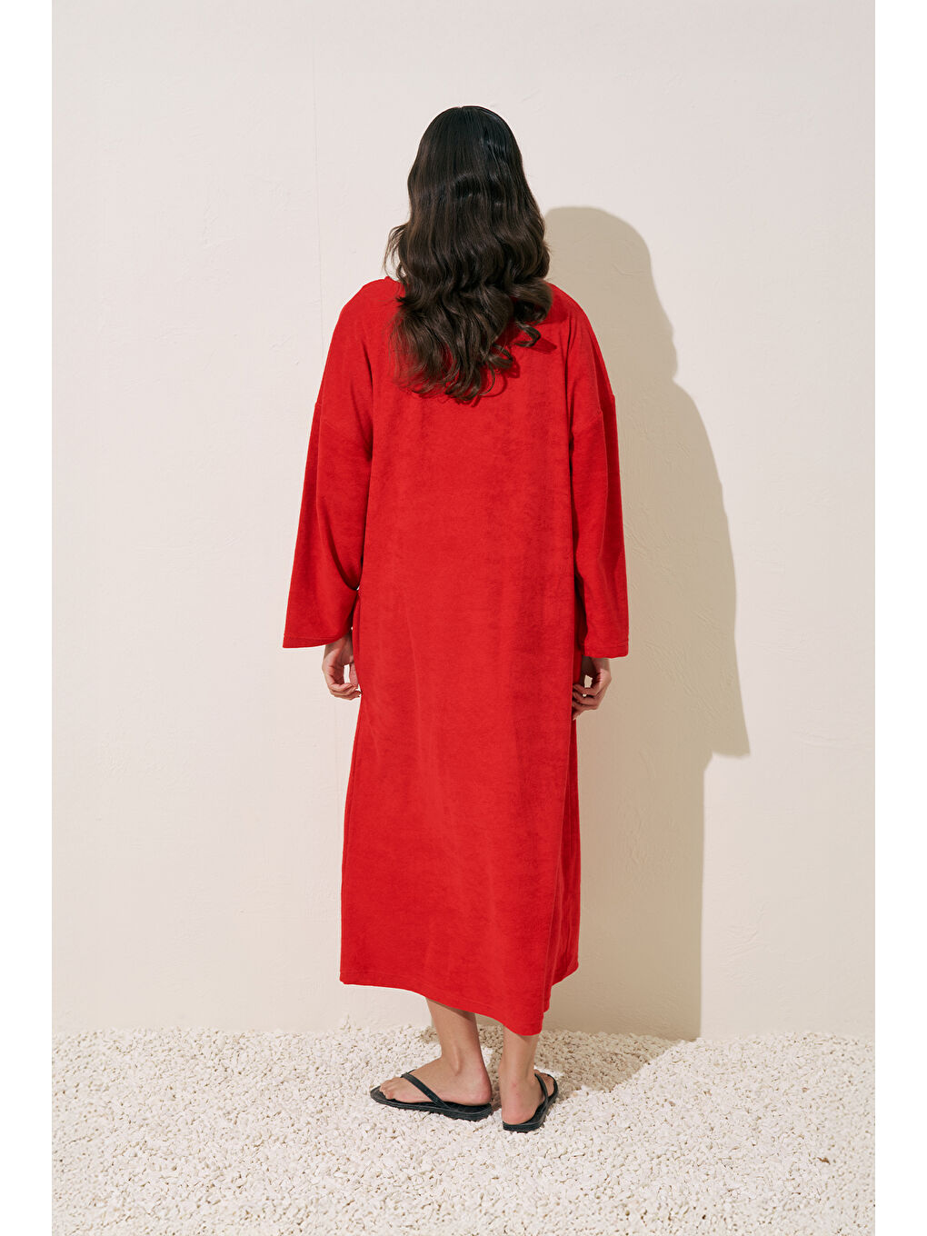 Havlu Kumaş Rahat Elbise Kırmızı-7
