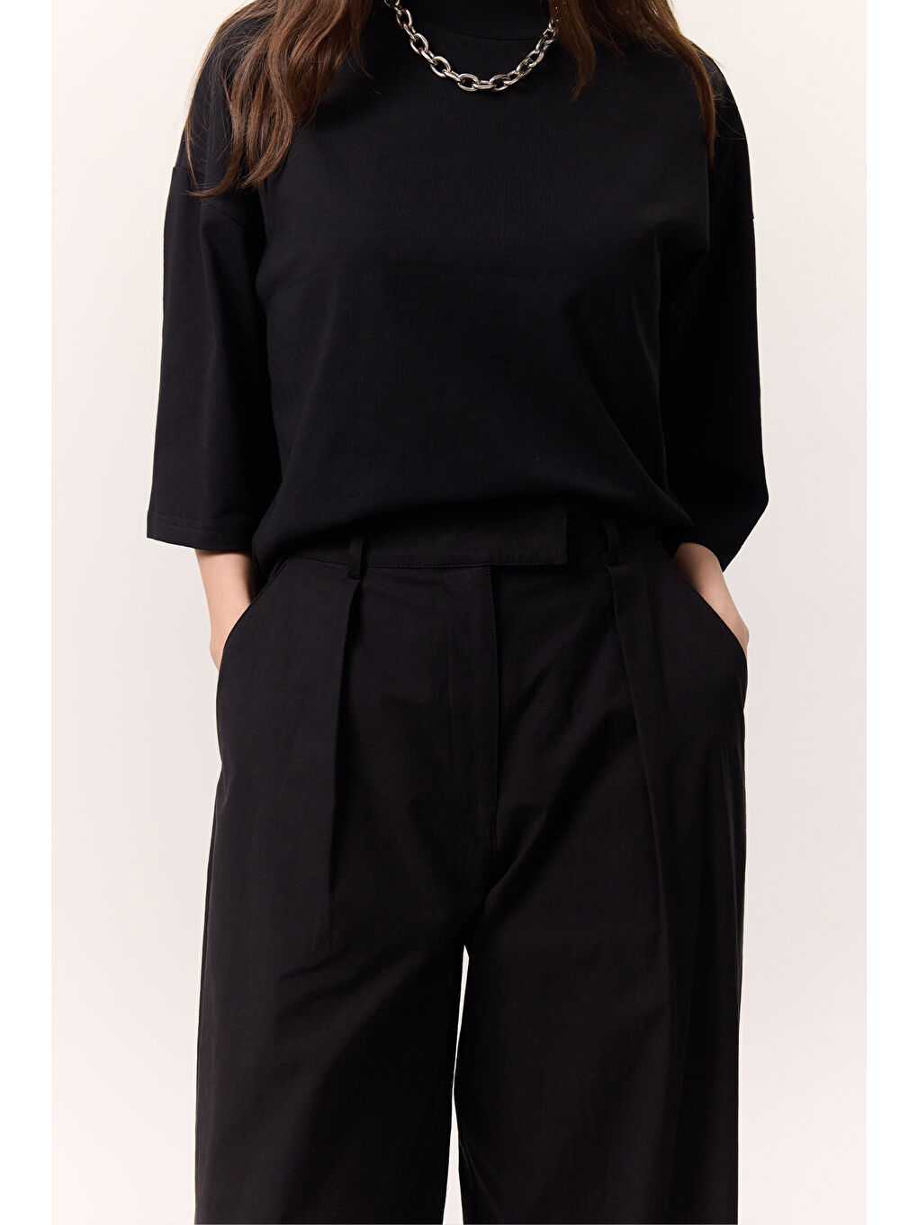 Pileli Gabardin Pantolon Siyah-5