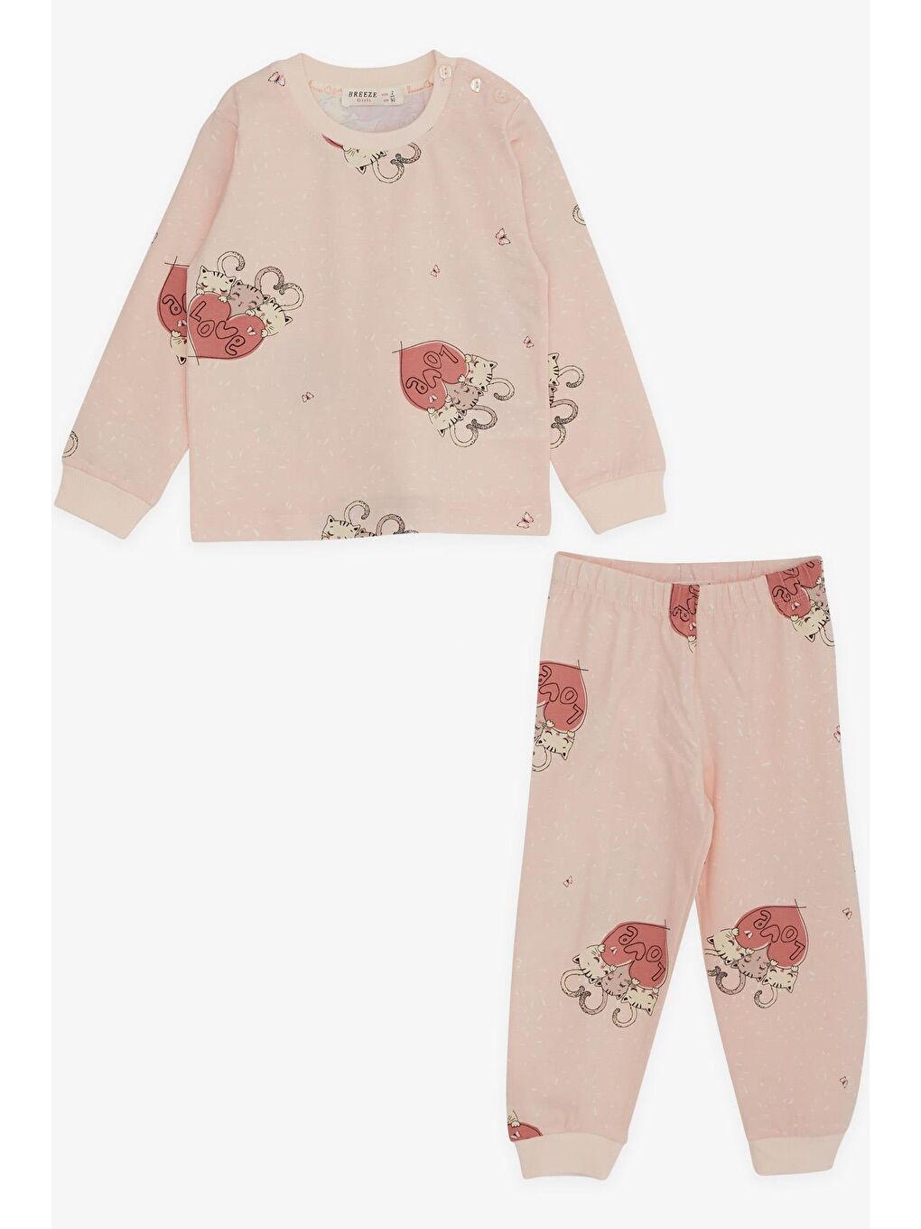 Pembe Kız Çocuk Pijama Takımı Uykucu Kedicikler Desenli Pudra (1.5-4 Yaş)