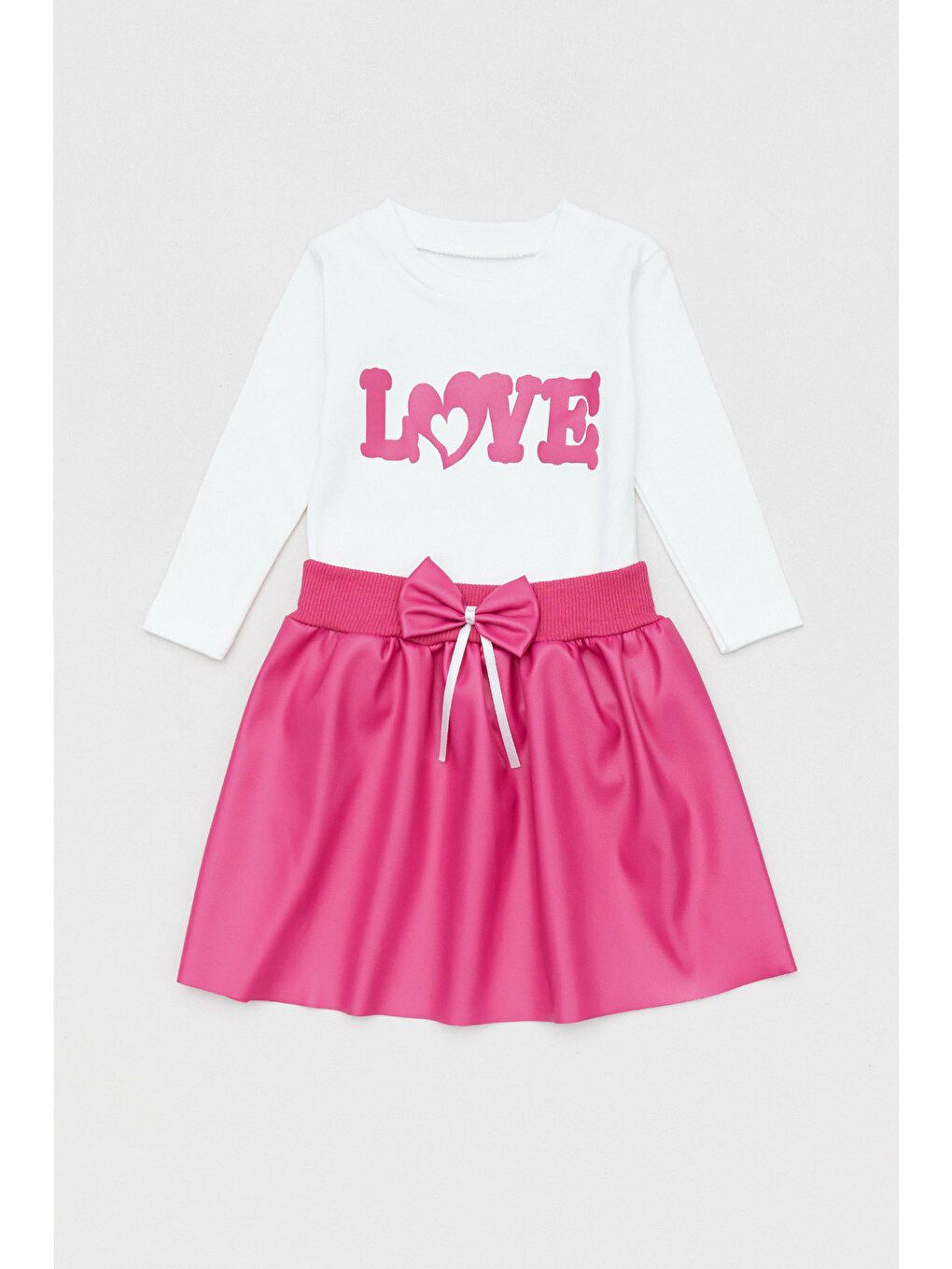 Fuşya Love Baskılı Deri Etekli Kız Çocuk Takım