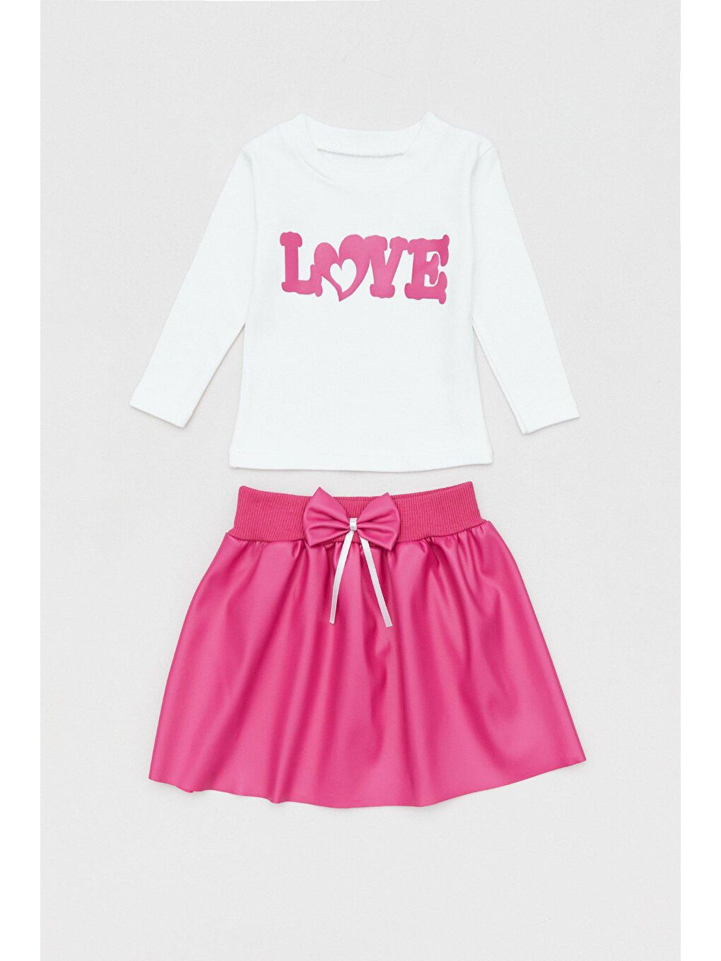 Fuşya Love Baskılı Deri Etekli Kız Çocuk Takım-1