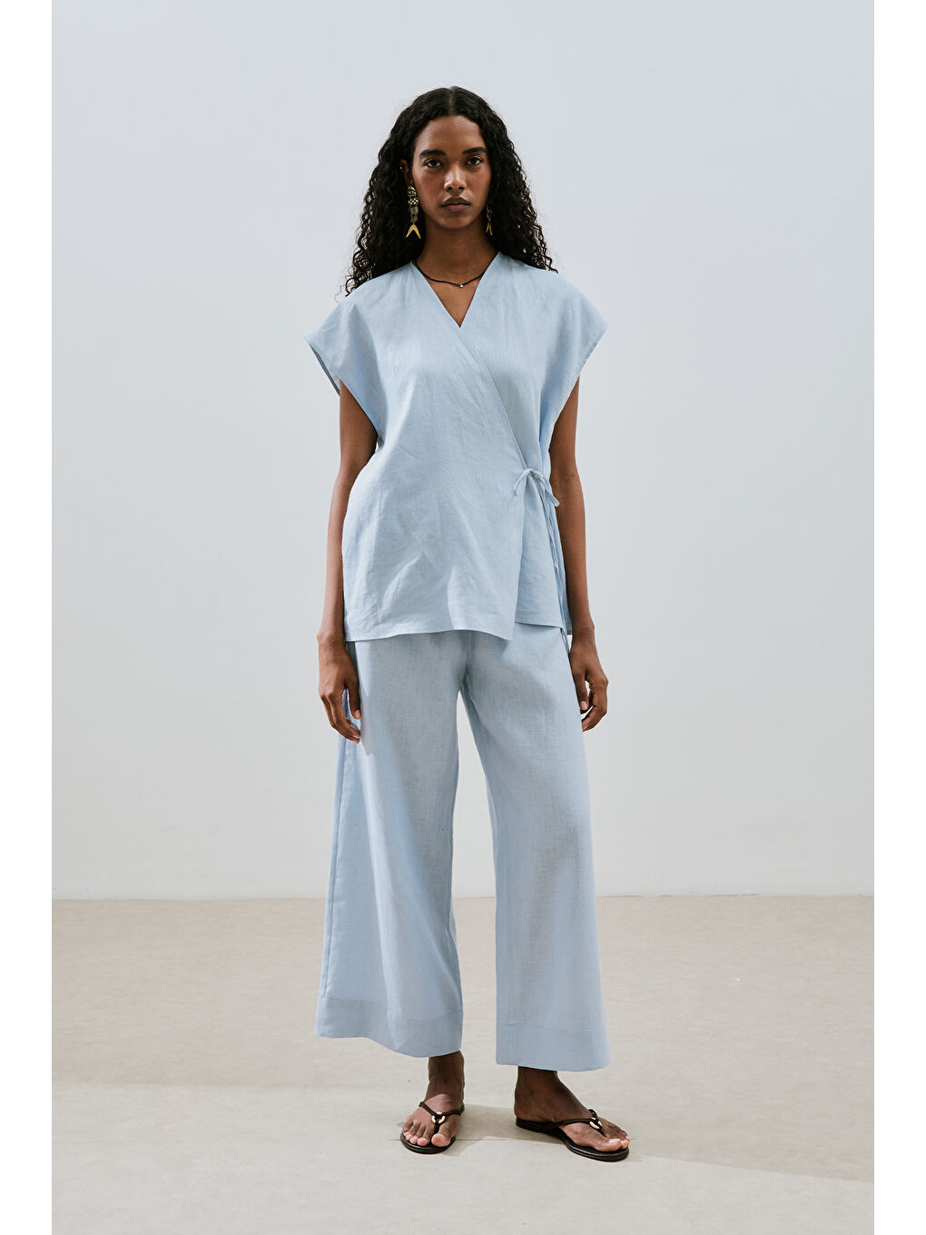 Keten Bağlamalı Pantolon Mavi-1