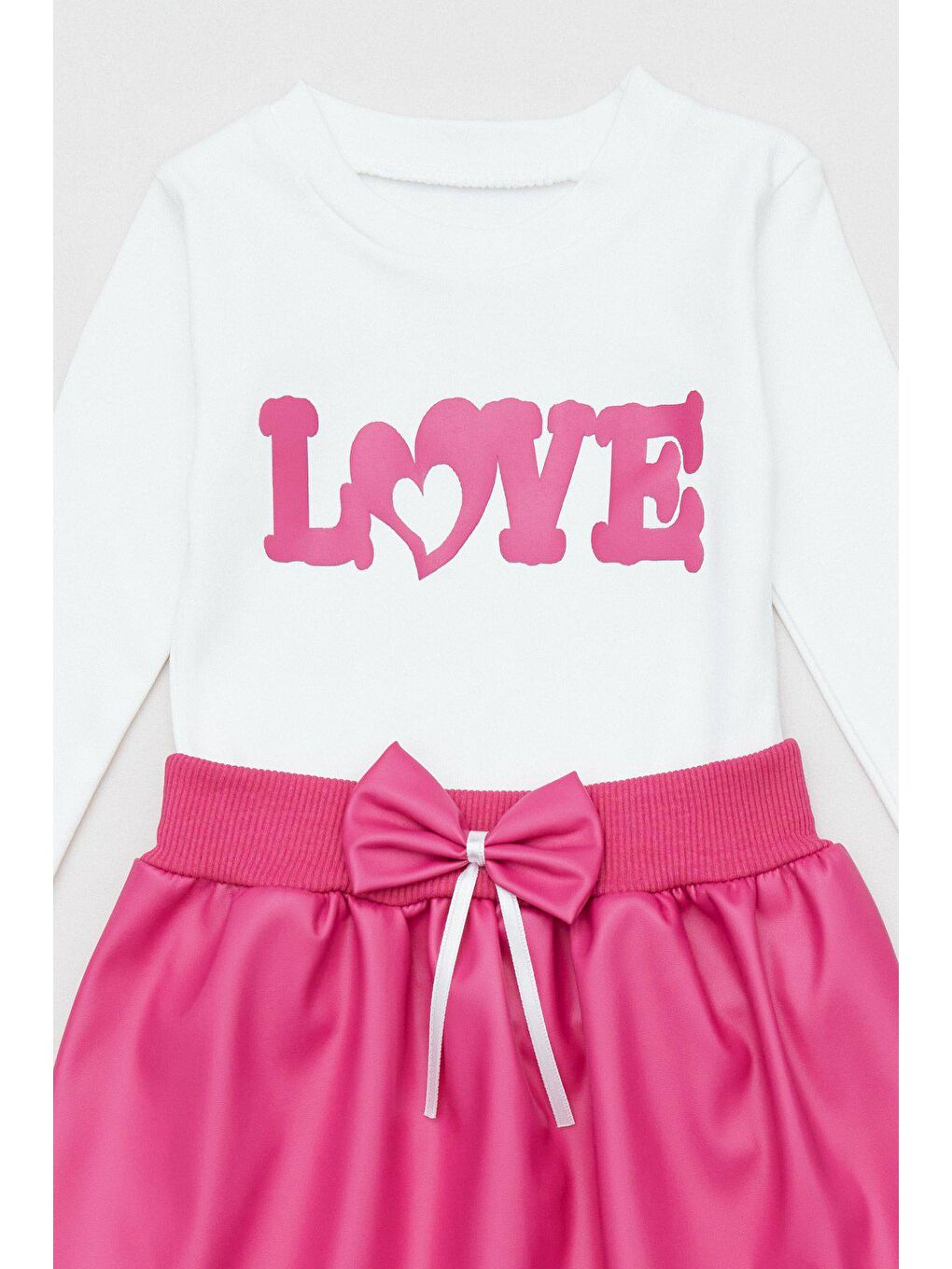 Fuşya Love Baskılı Deri Etekli Kız Çocuk Takım-3