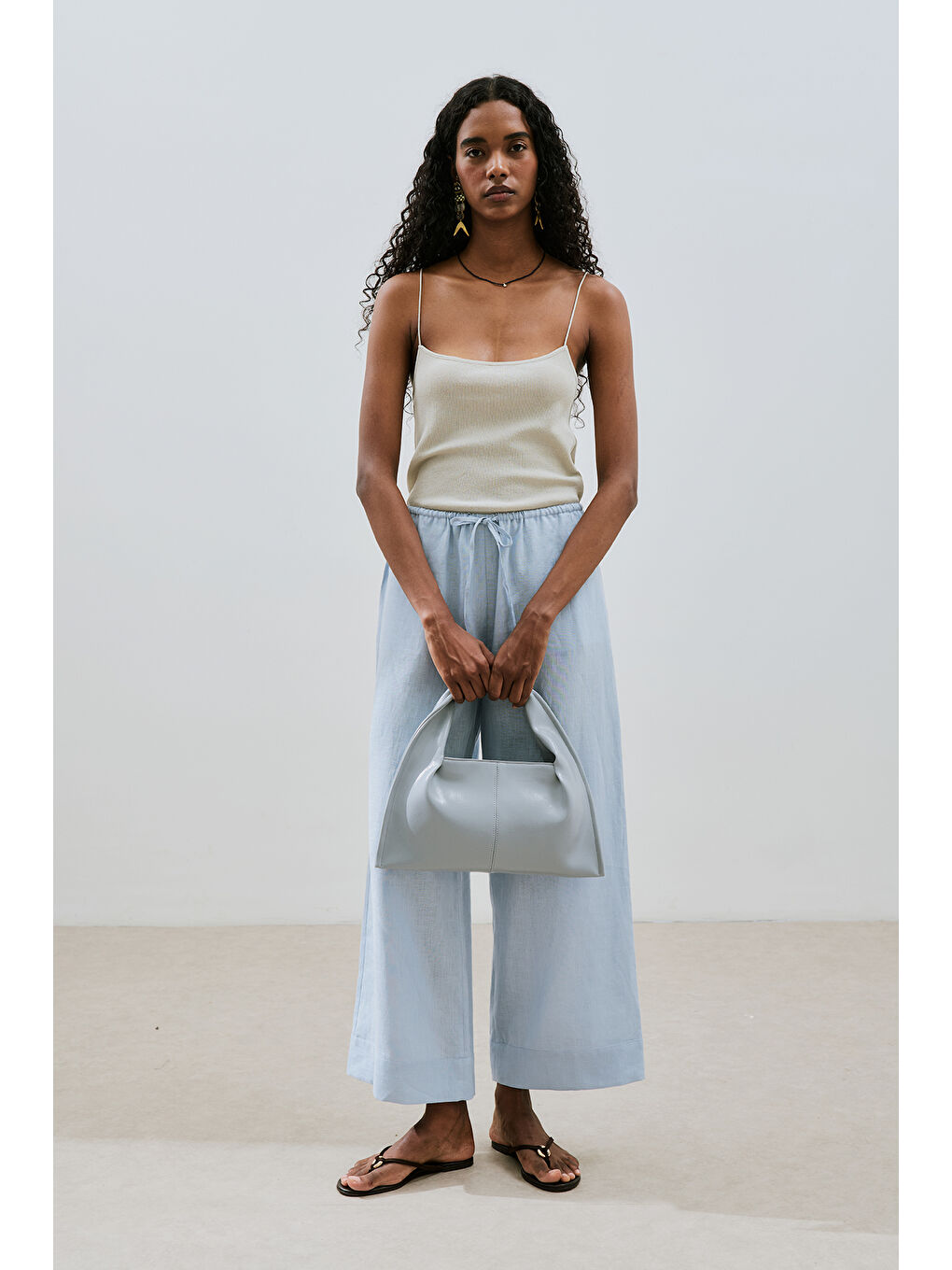 Keten Bağlamalı Pantolon Mavi-2