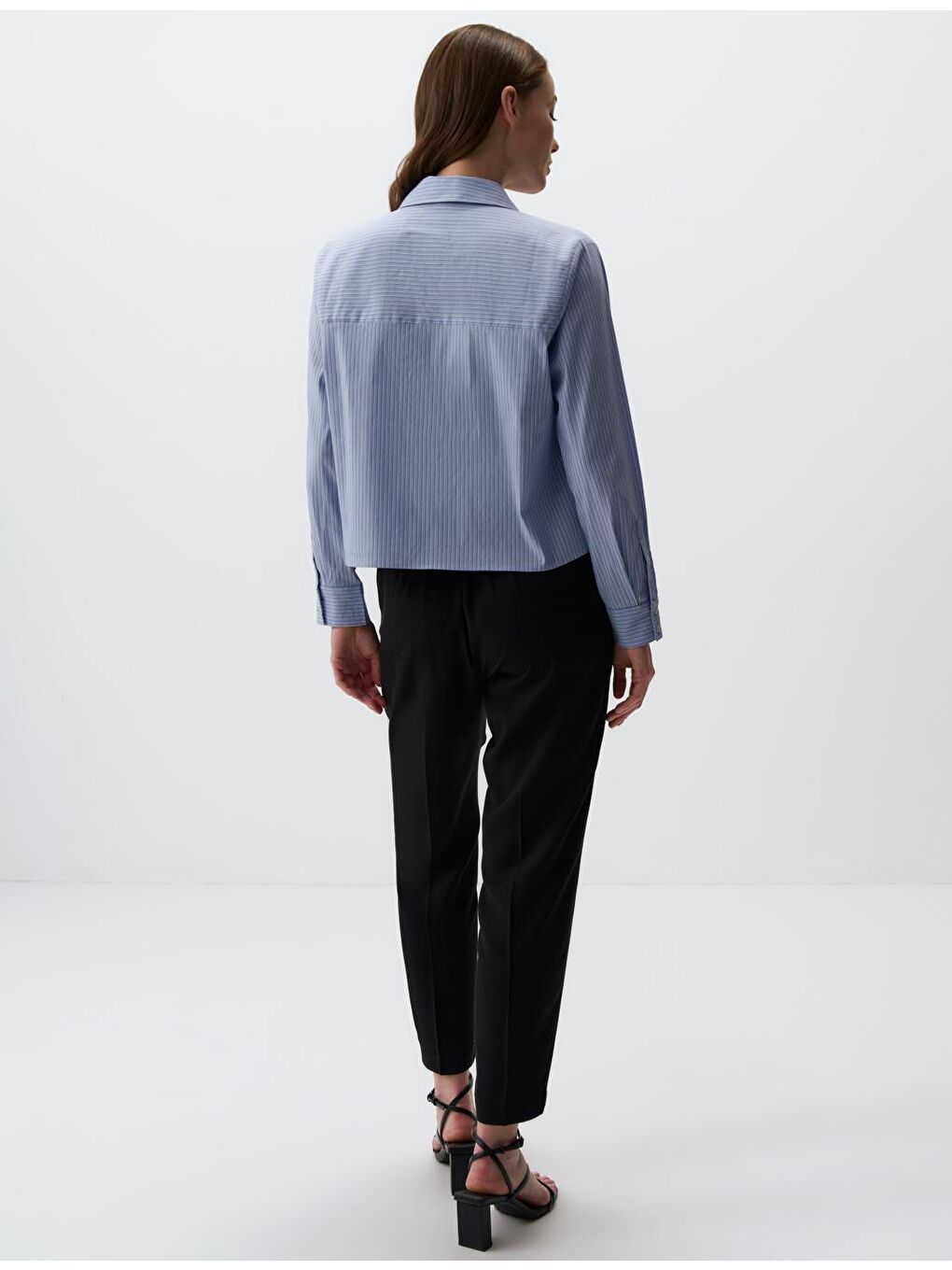 Açık Mavi Uzun Kollu Çizgili Kısa Gömlek-5