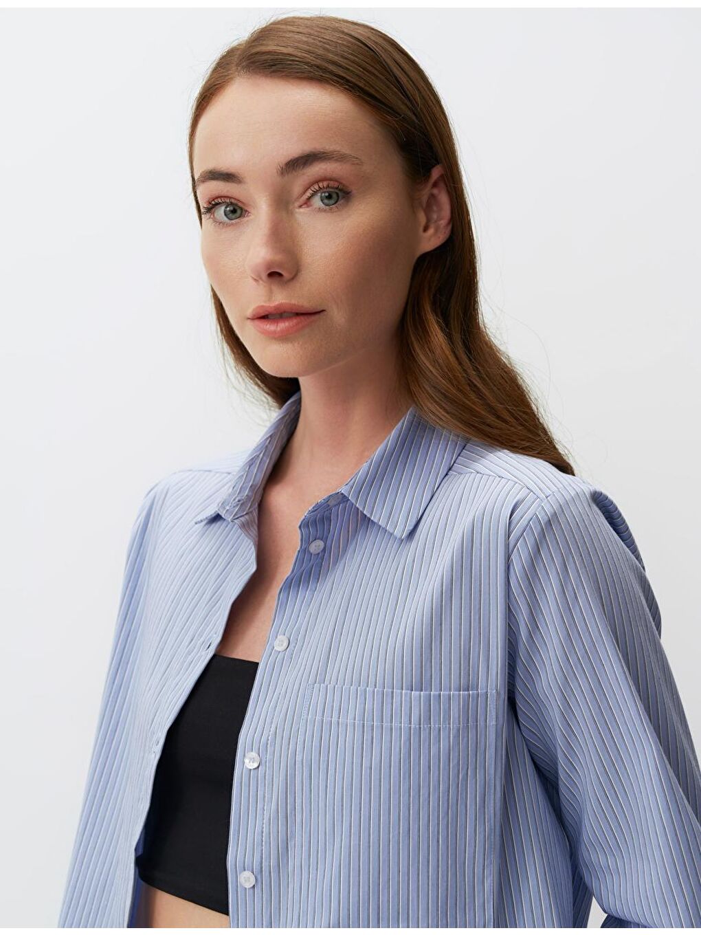 Açık Mavi Uzun Kollu Çizgili Kısa Gömlek-4