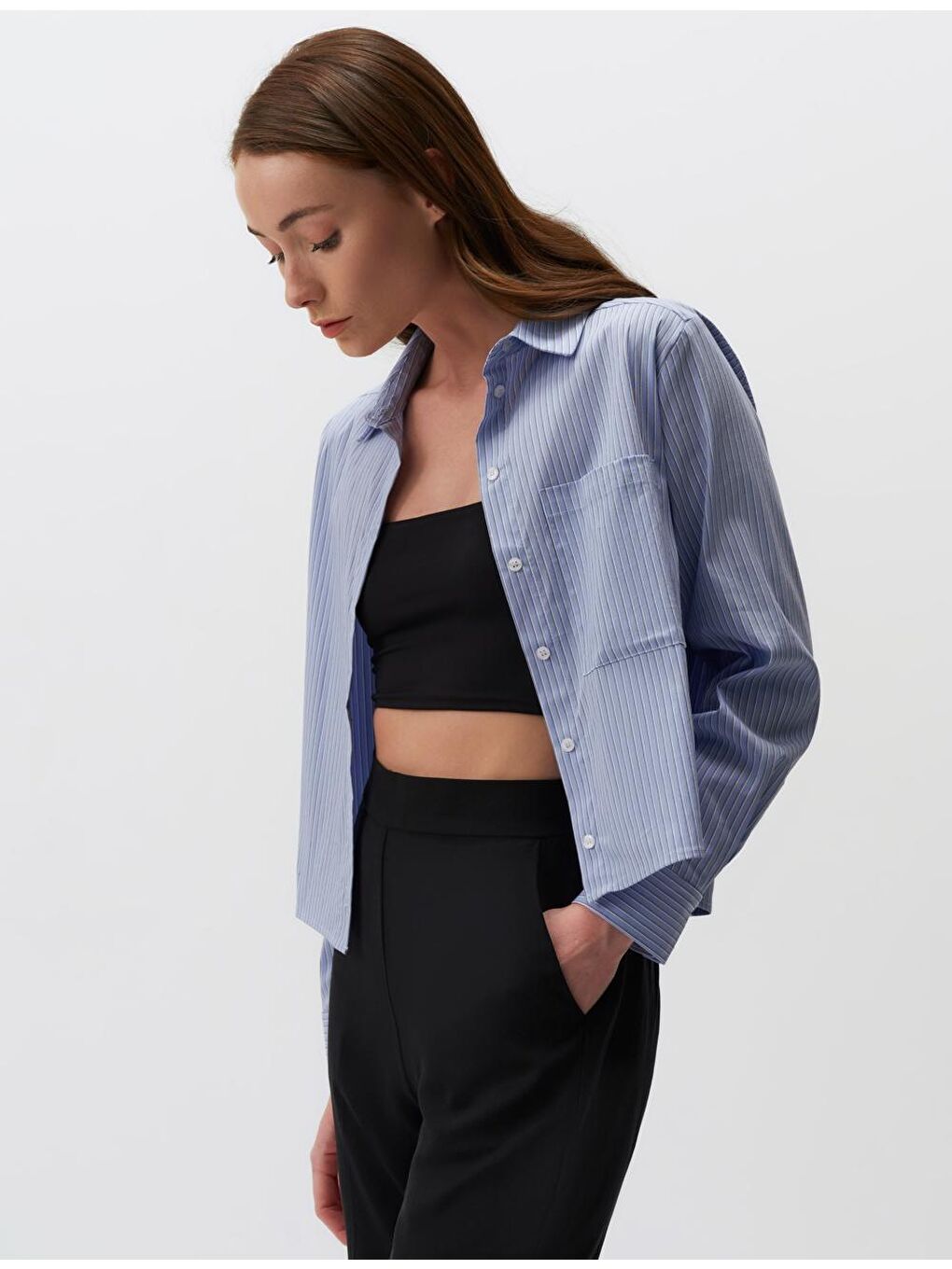 Açık Mavi Uzun Kollu Çizgili Kısa Gömlek-3