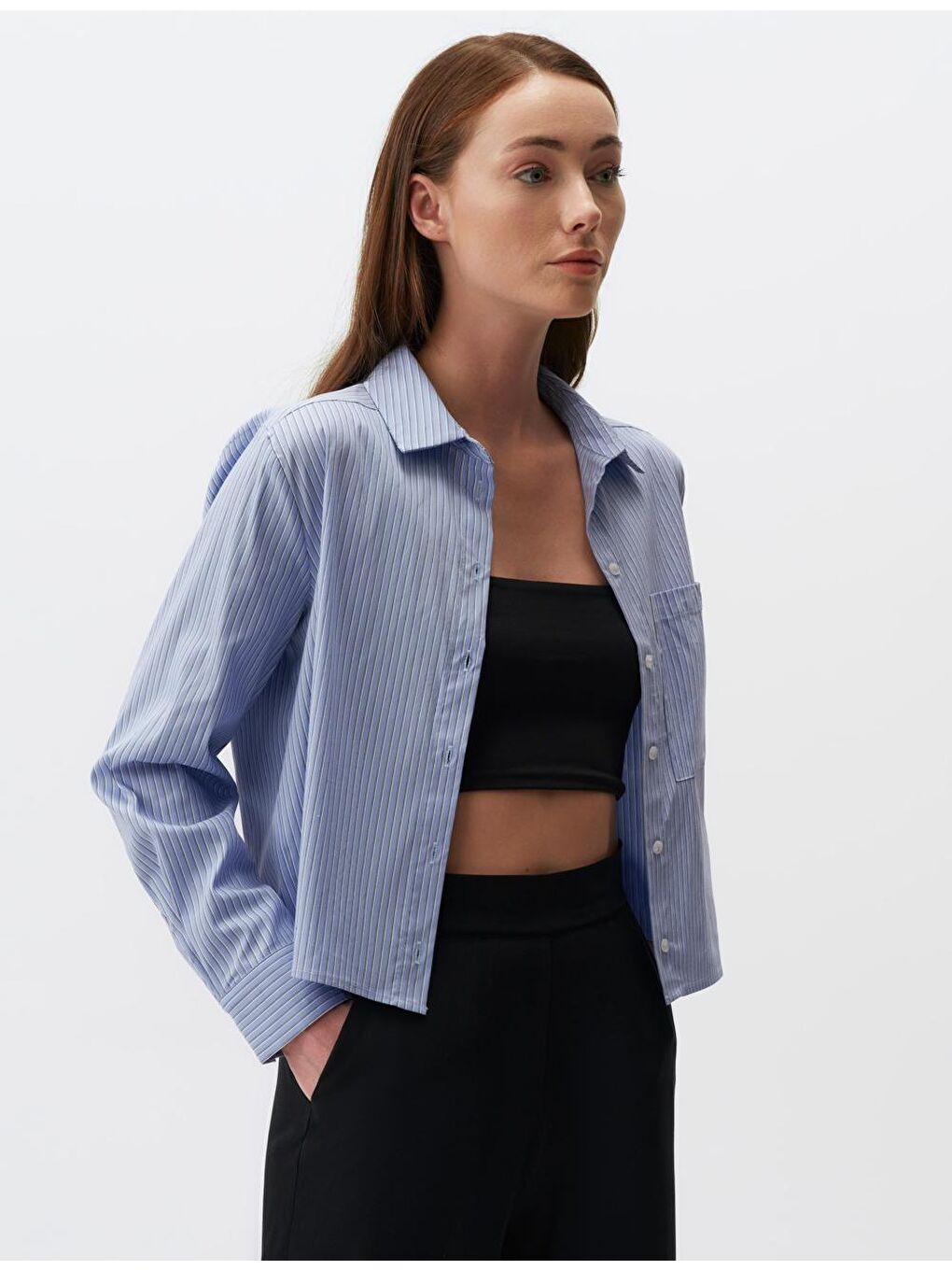 Açık Mavi Uzun Kollu Çizgili Kısa Gömlek-2