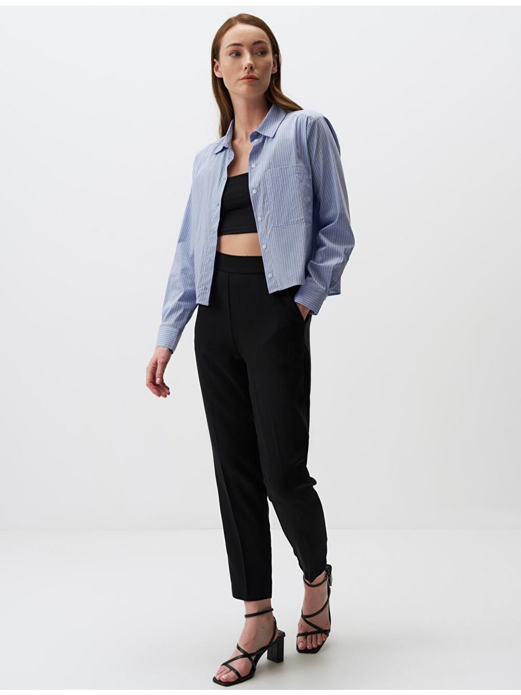 Açık Mavi Uzun Kollu Çizgili Kısa Gömlek-1