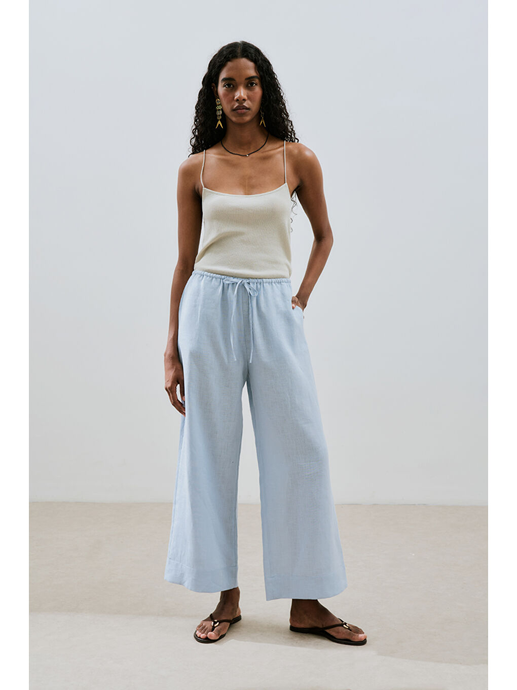 Keten Bağlamalı Pantolon Mavi-3