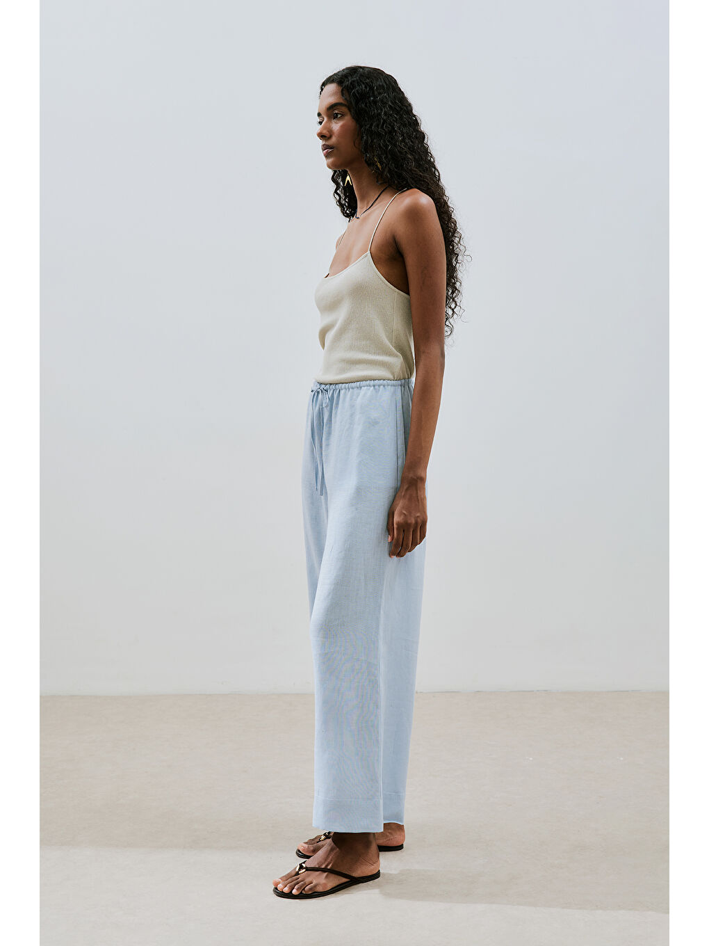 Keten Bağlamalı Pantolon Mavi-4