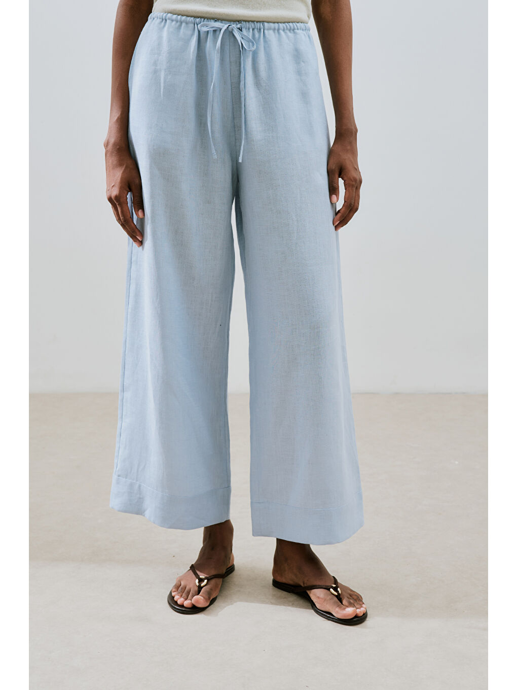 Keten Bağlamalı Pantolon Mavi-5