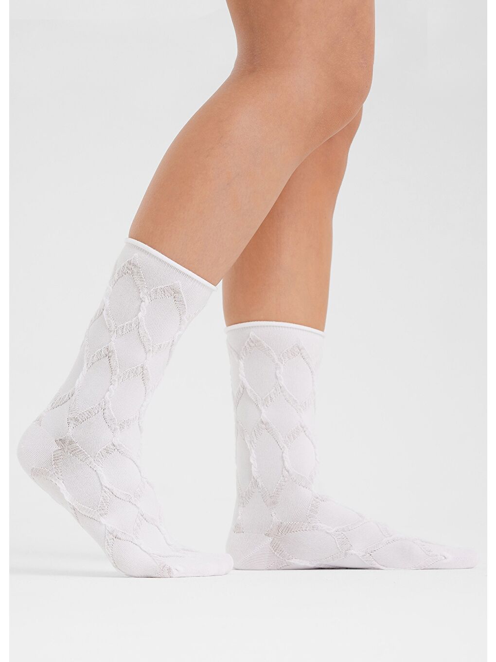 Beyaz Kabartma Örgü Desenli Modal Lastiksiz Dikişsiz Kadın Soket Çorap 36-41-2