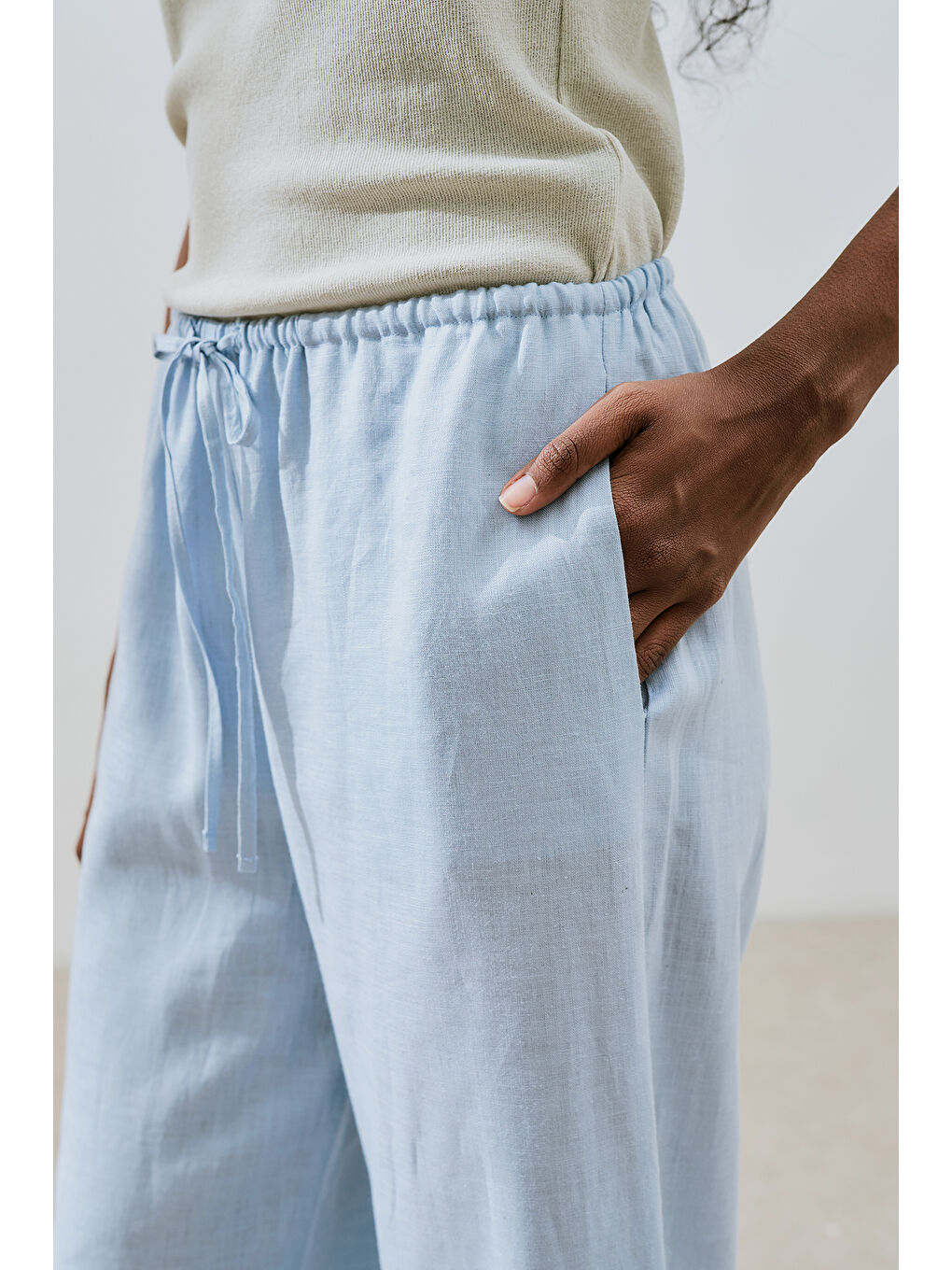 Keten Bağlamalı Pantolon Mavi-6