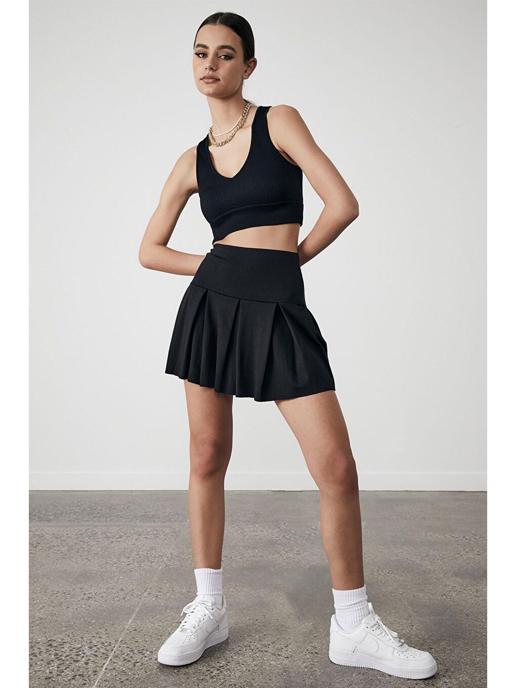 Kadın Siyah Basic Kısa Pileli Tenis Etek Mg1457-1